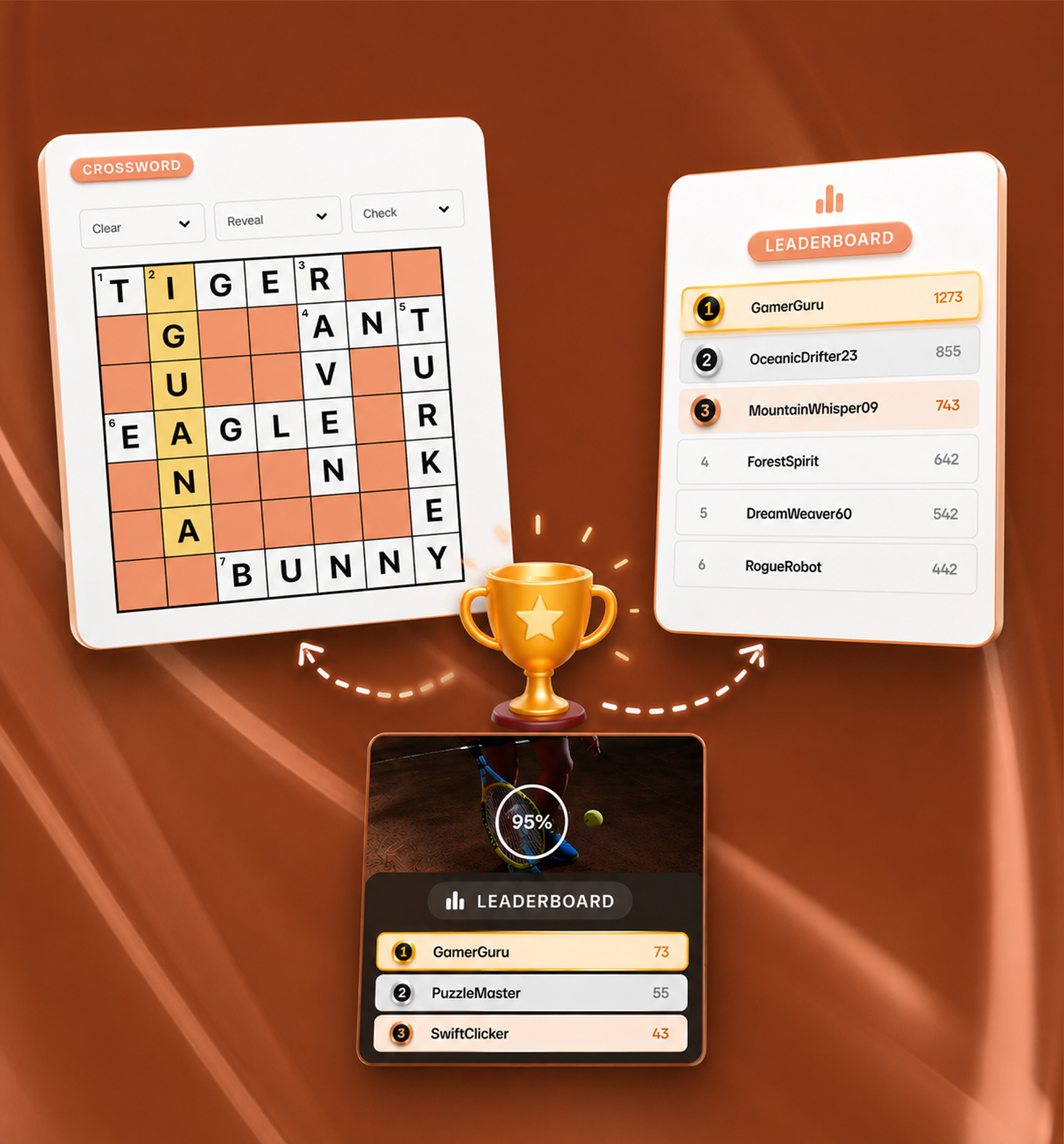 Crossword puzzle connected to a leaderboard with player rankings for a daily challenge