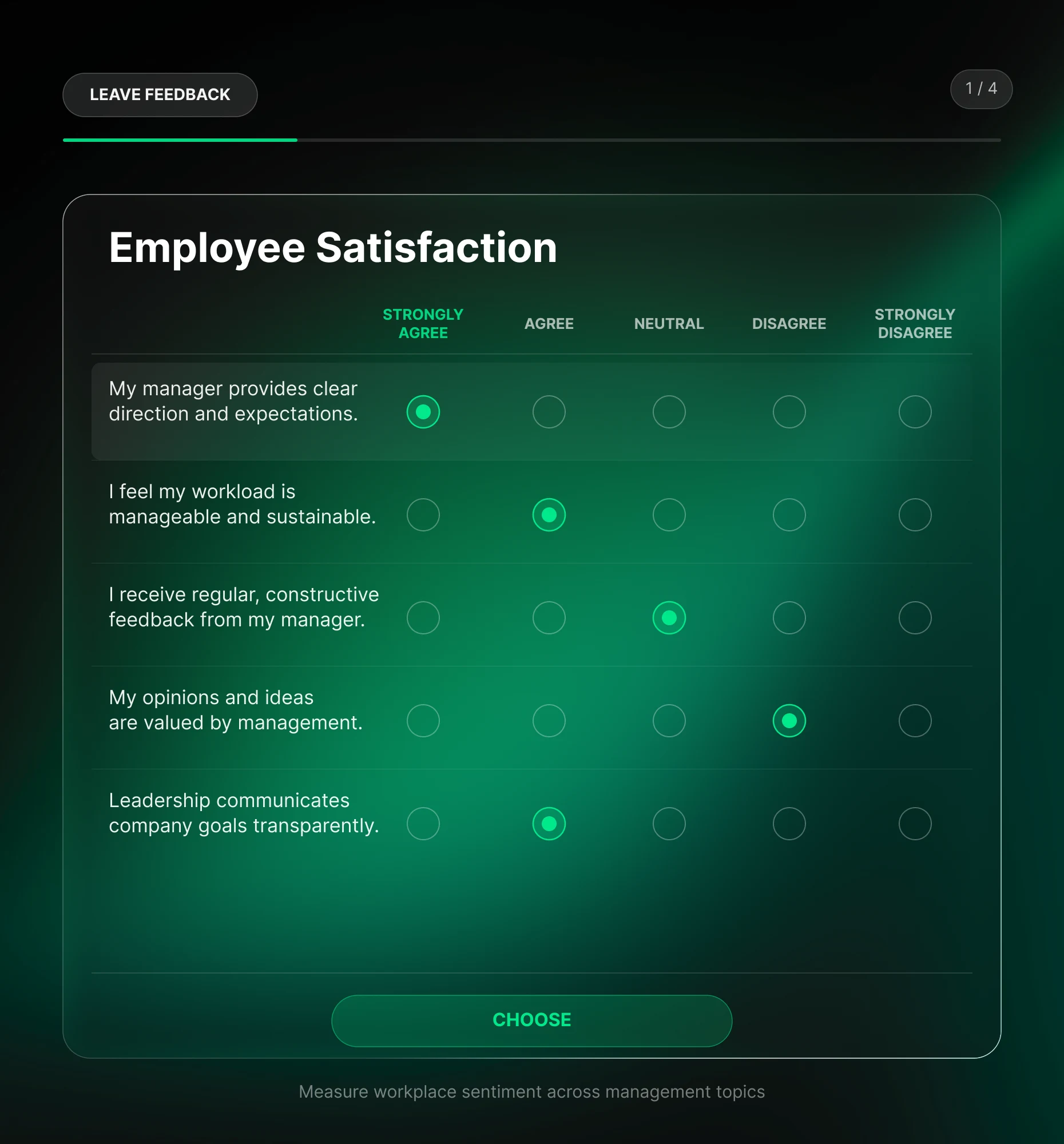 Likert Scale employee Survey measuring workplace sentiment across topics