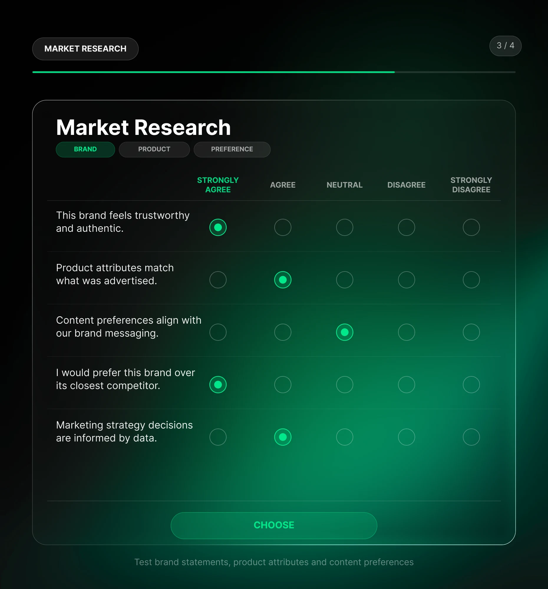 Likert Scale market research testing agreement across brand statements