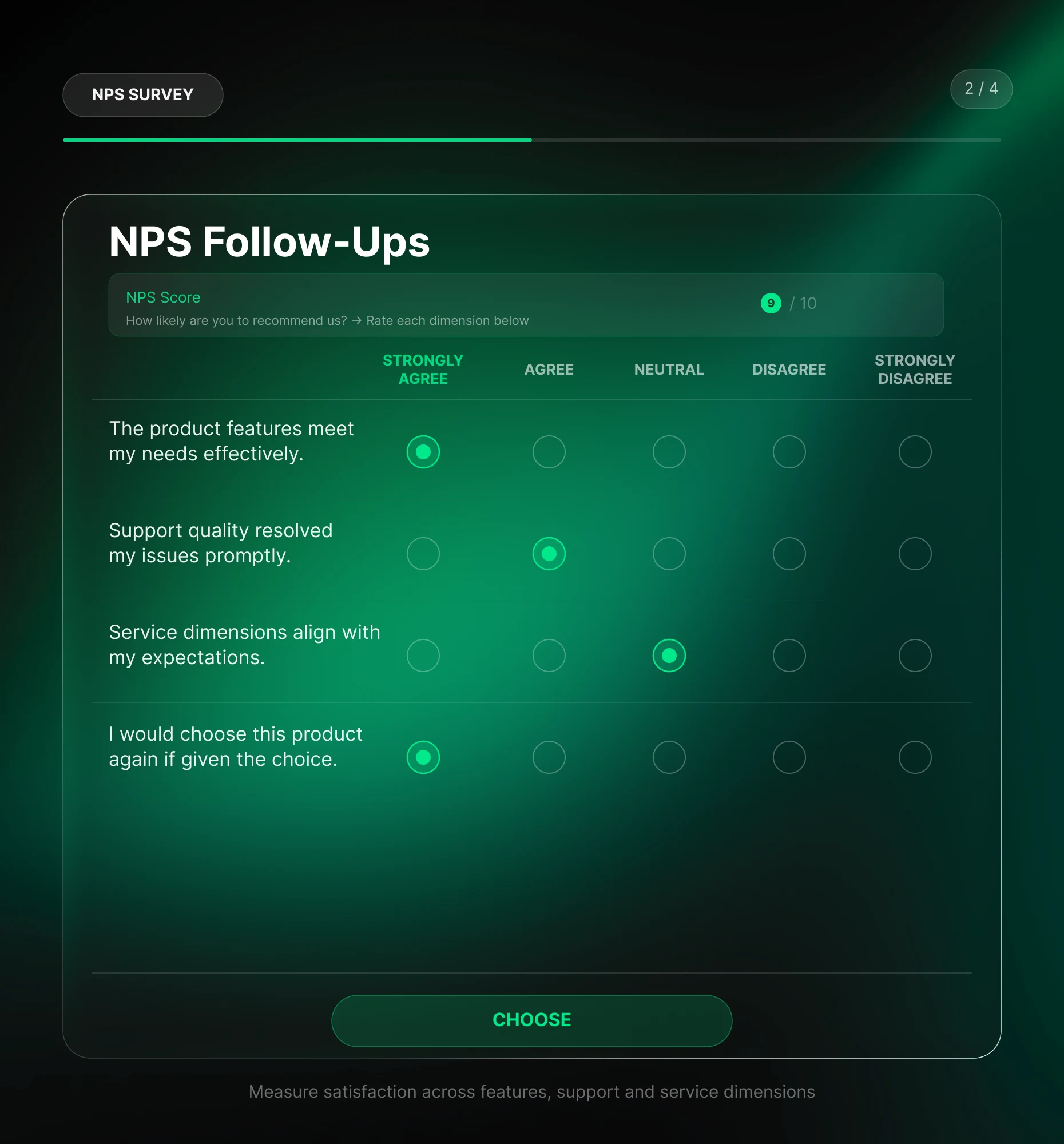 Likert Scale follow-up rating product features, support, and service