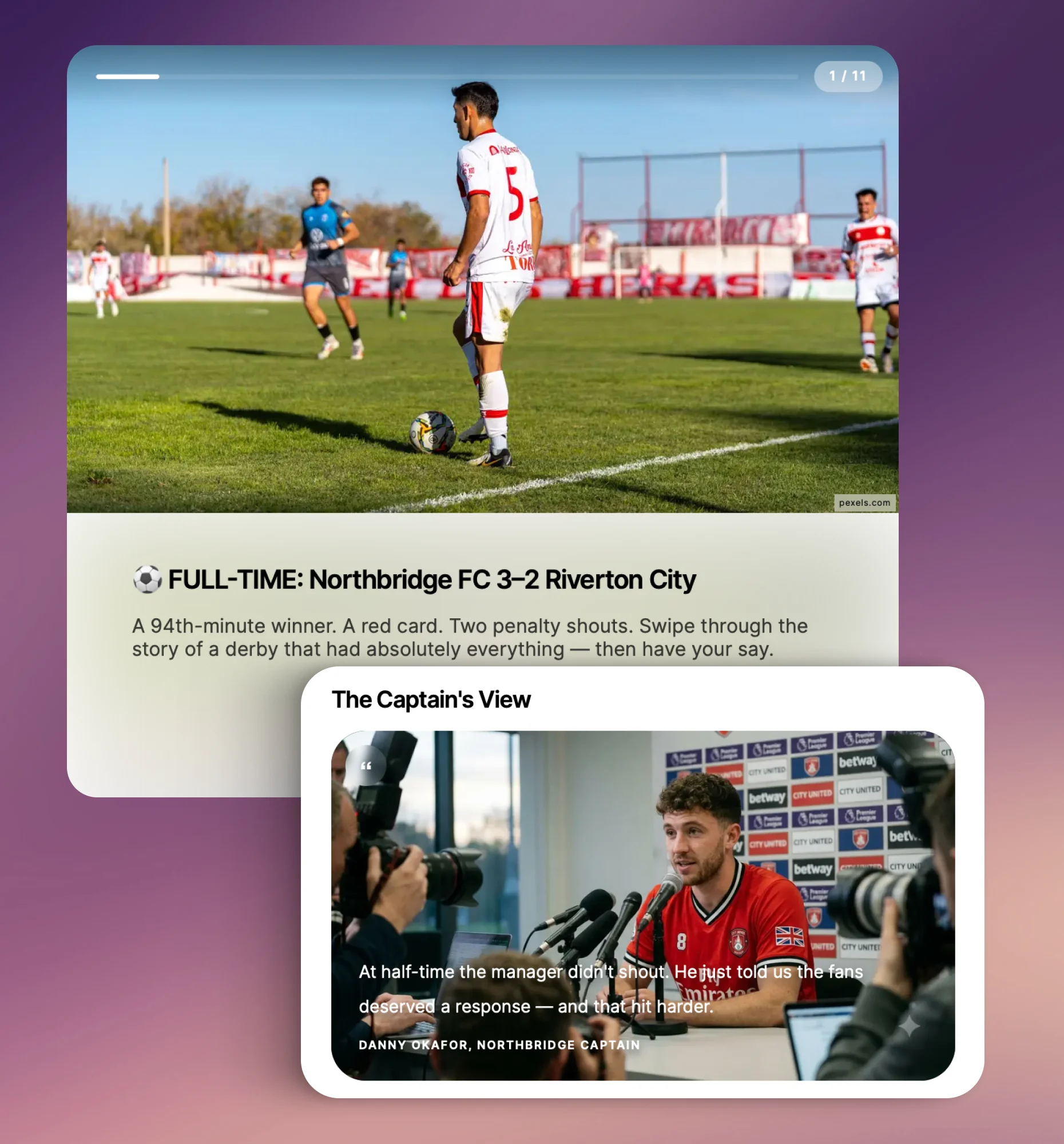 Interactive story turning a match report into swipeable stats, quotes, and graphics