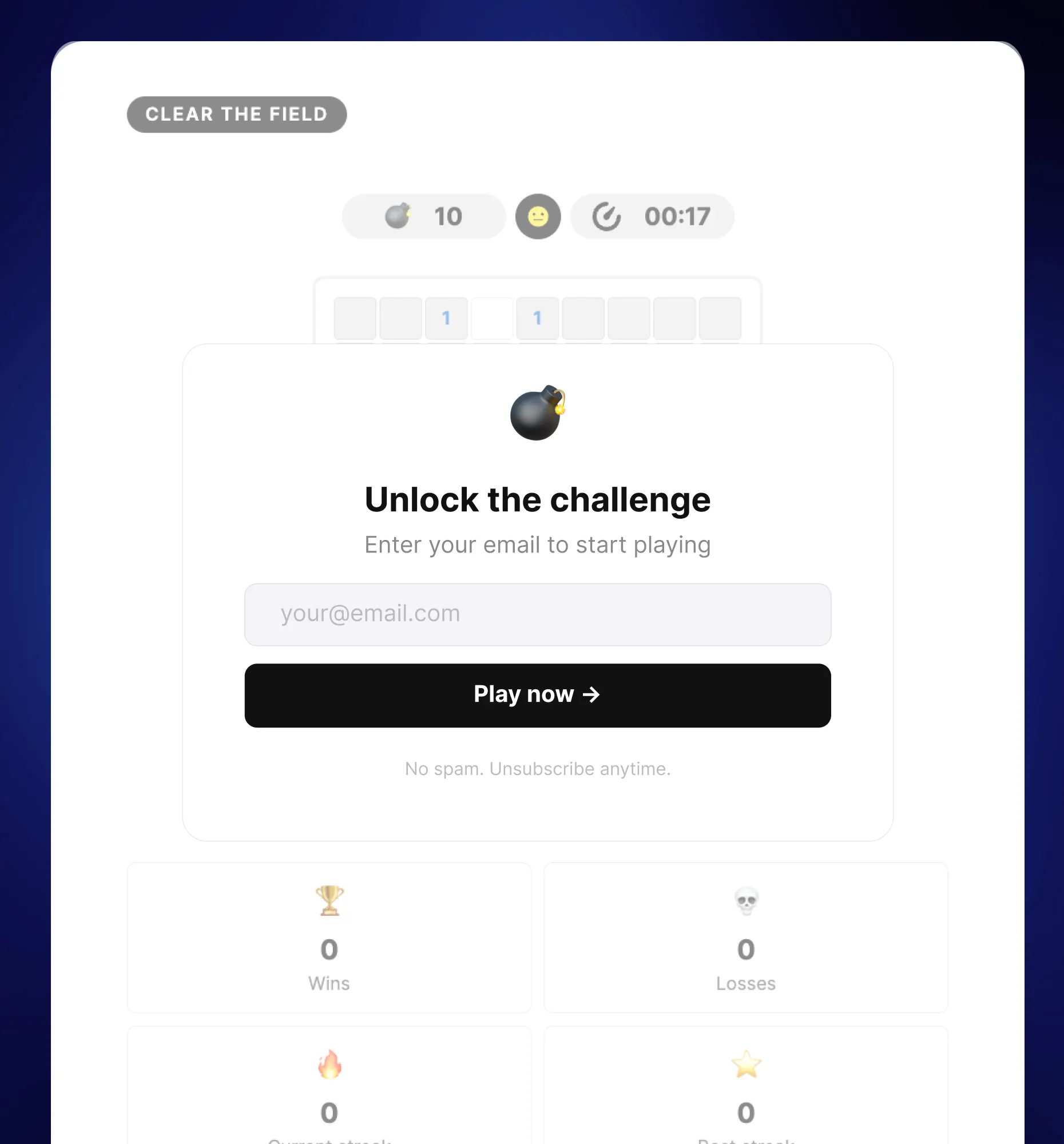 Minesweeper game behind a newsletter opt-in form for lead capture