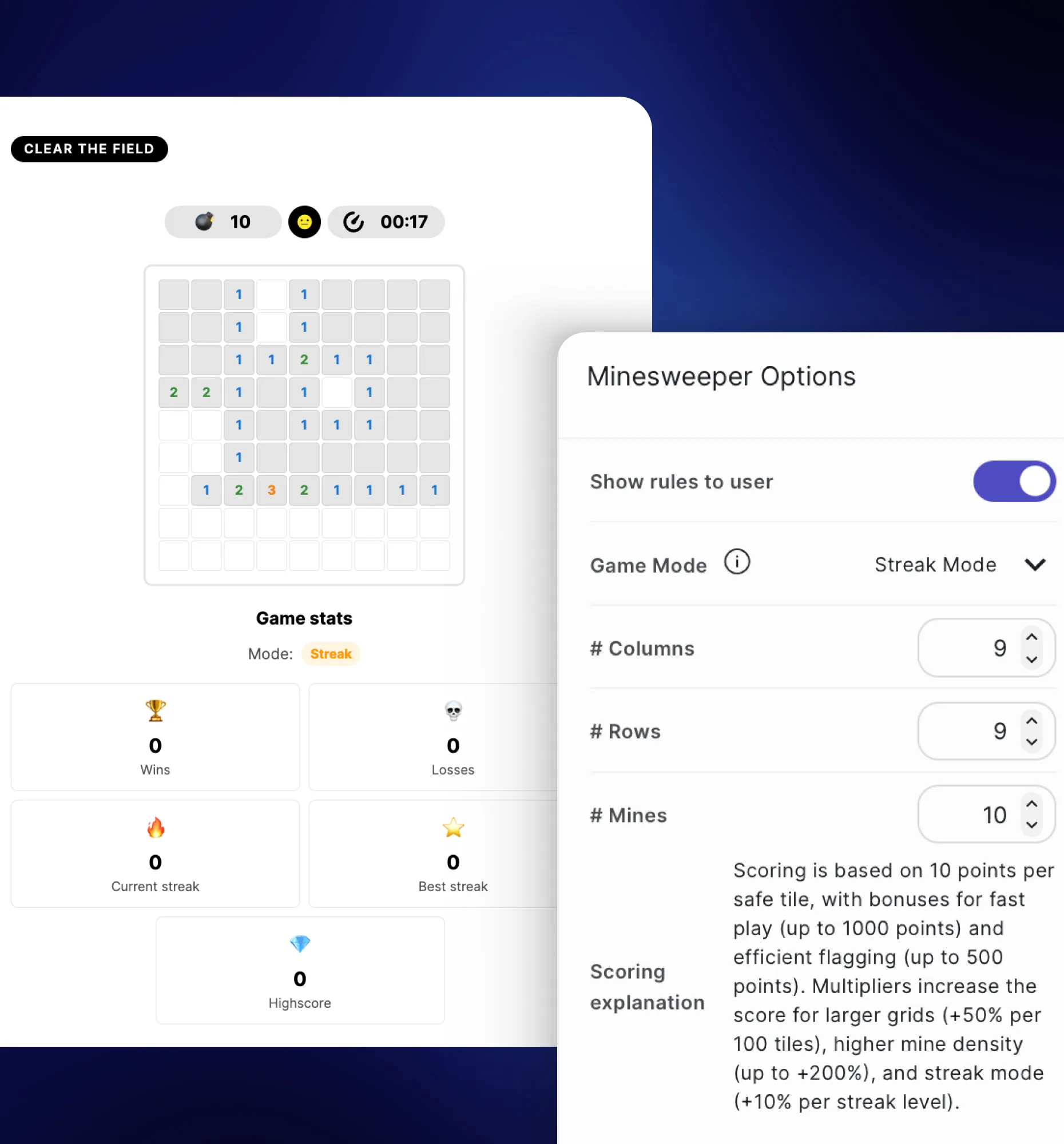 Riddle no-code builder interface for creating a Minesweeper game