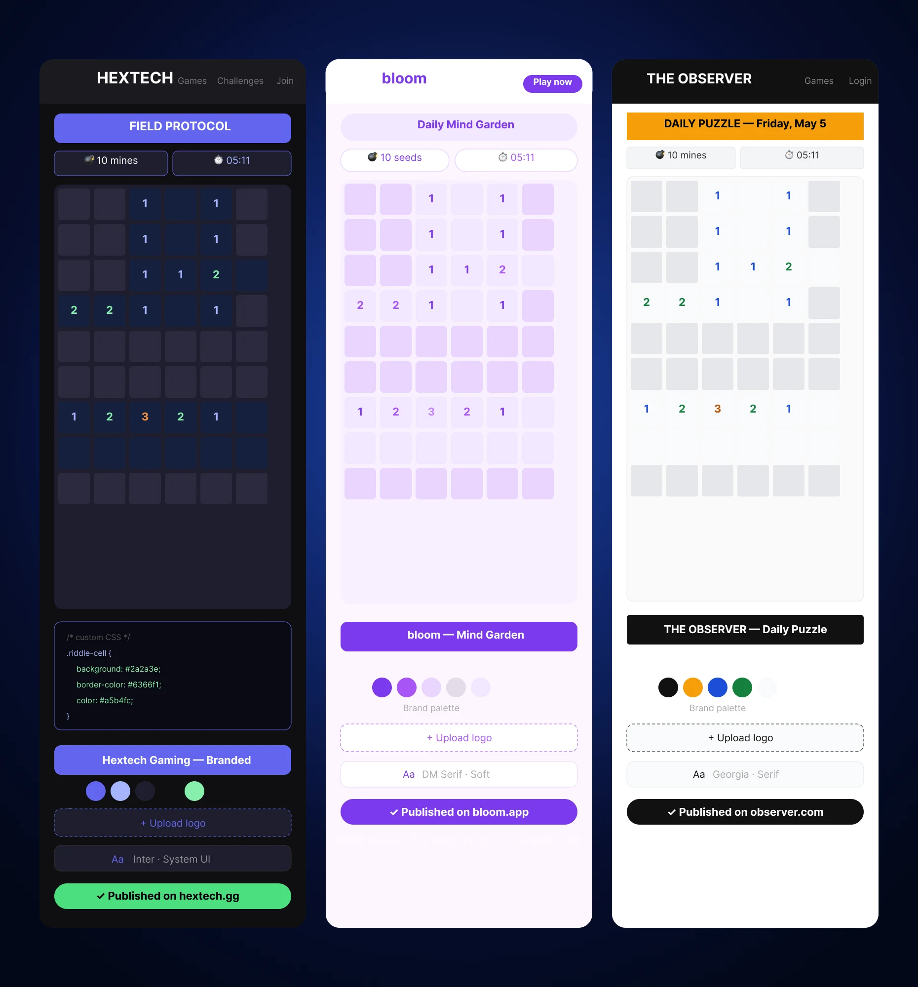 White-labeled Minesweeper game with custom branding, logo, and colors