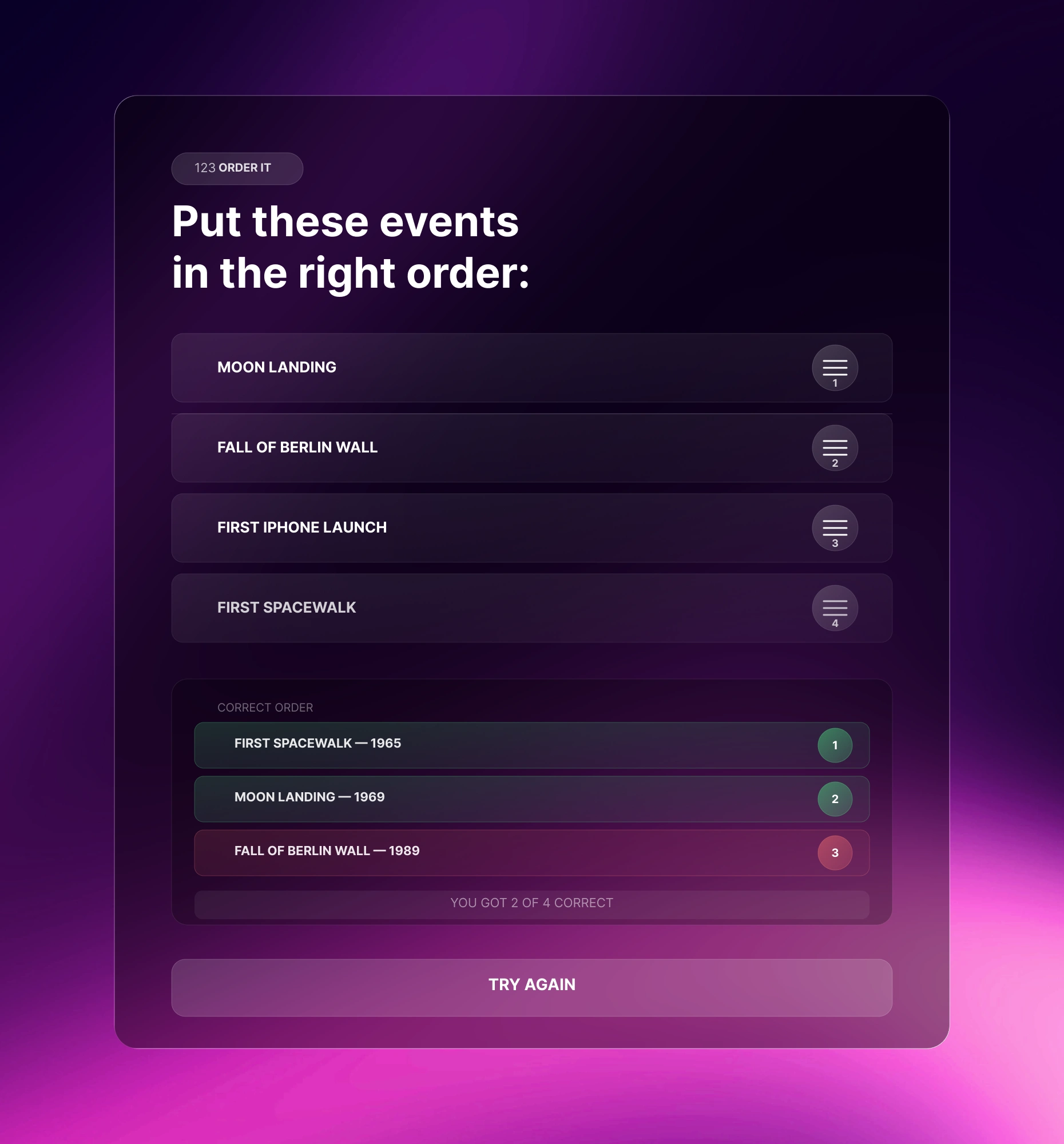 Order It Quiz challenging users to arrange historical events in the correct order