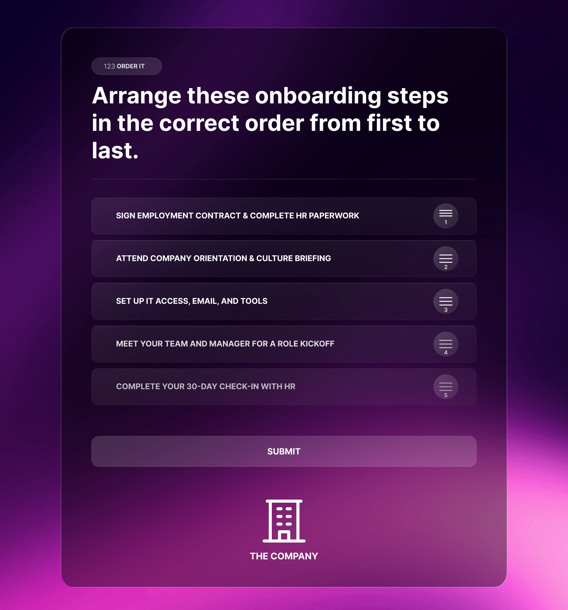 Order It Quiz used for employee onboarding by ordering workflow steps