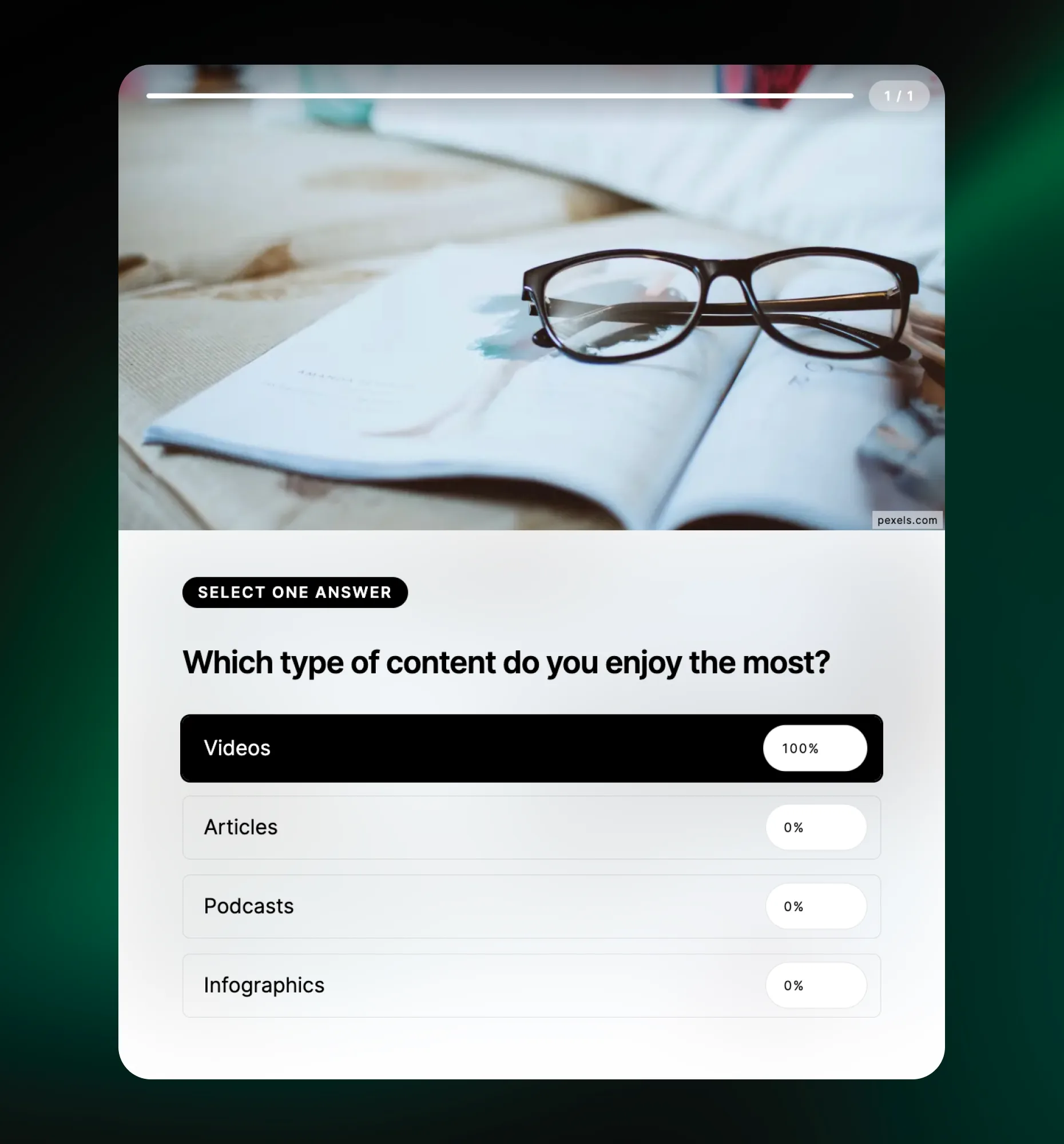 Single Select interactive content block preview