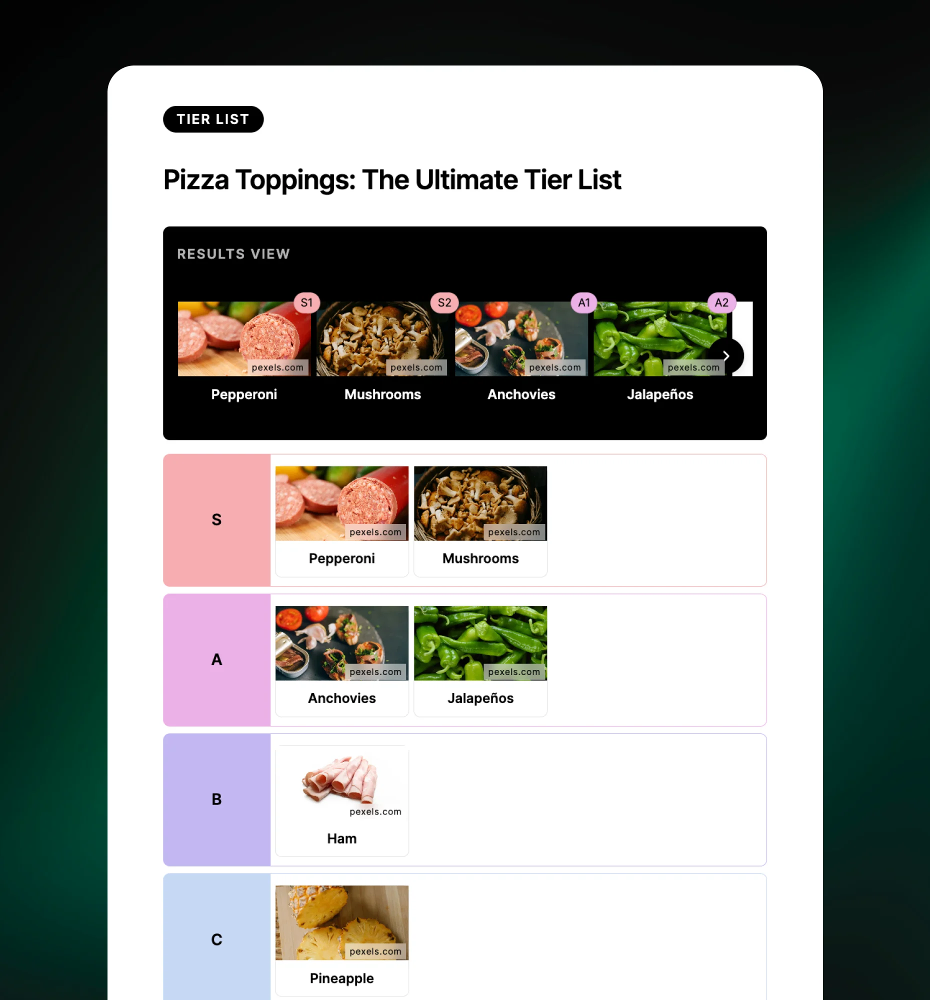 Tier List interactive content block preview