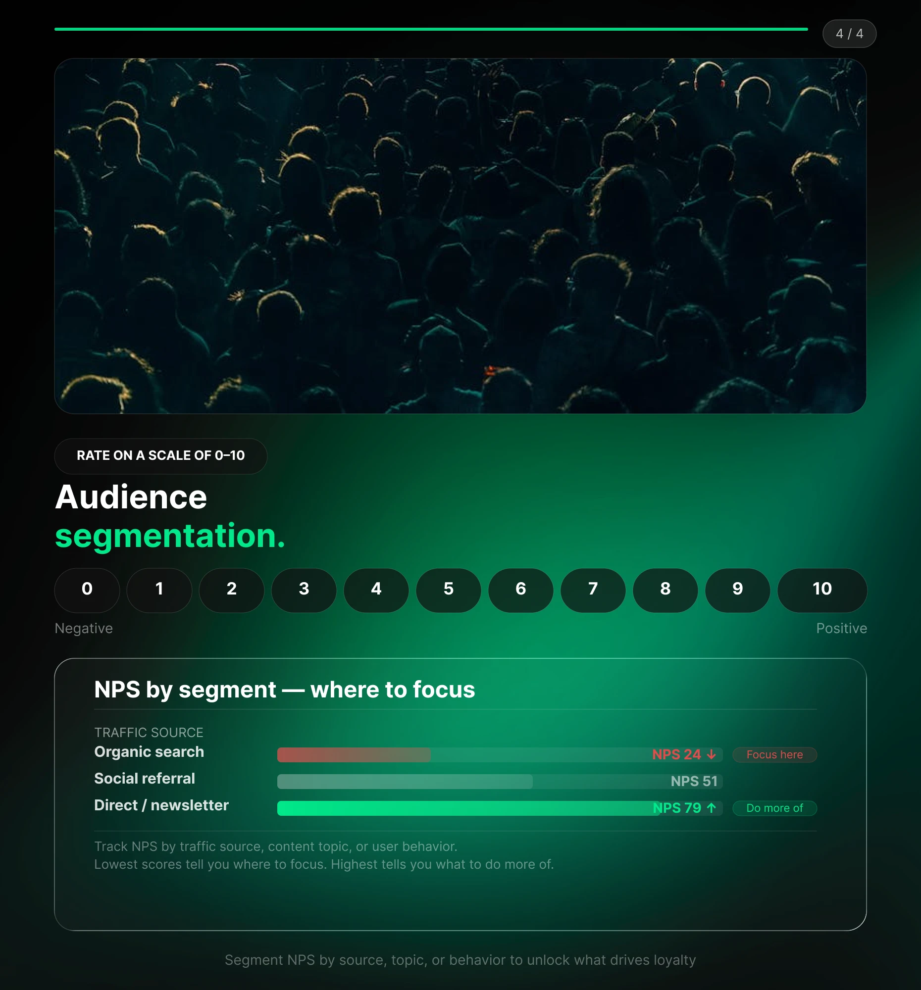 Promoter Score results segmented by traffic source and audience behavior