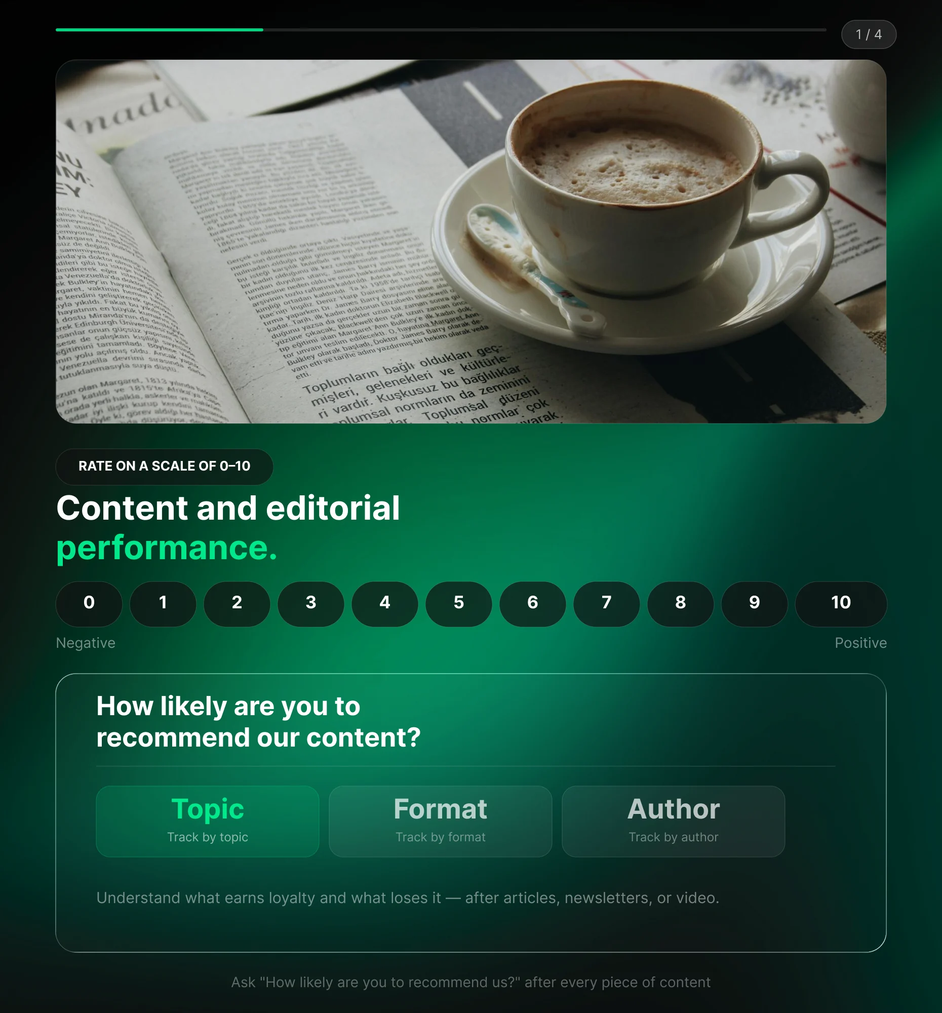 Promoter Score Survey measuring loyalty after an article or newsletter