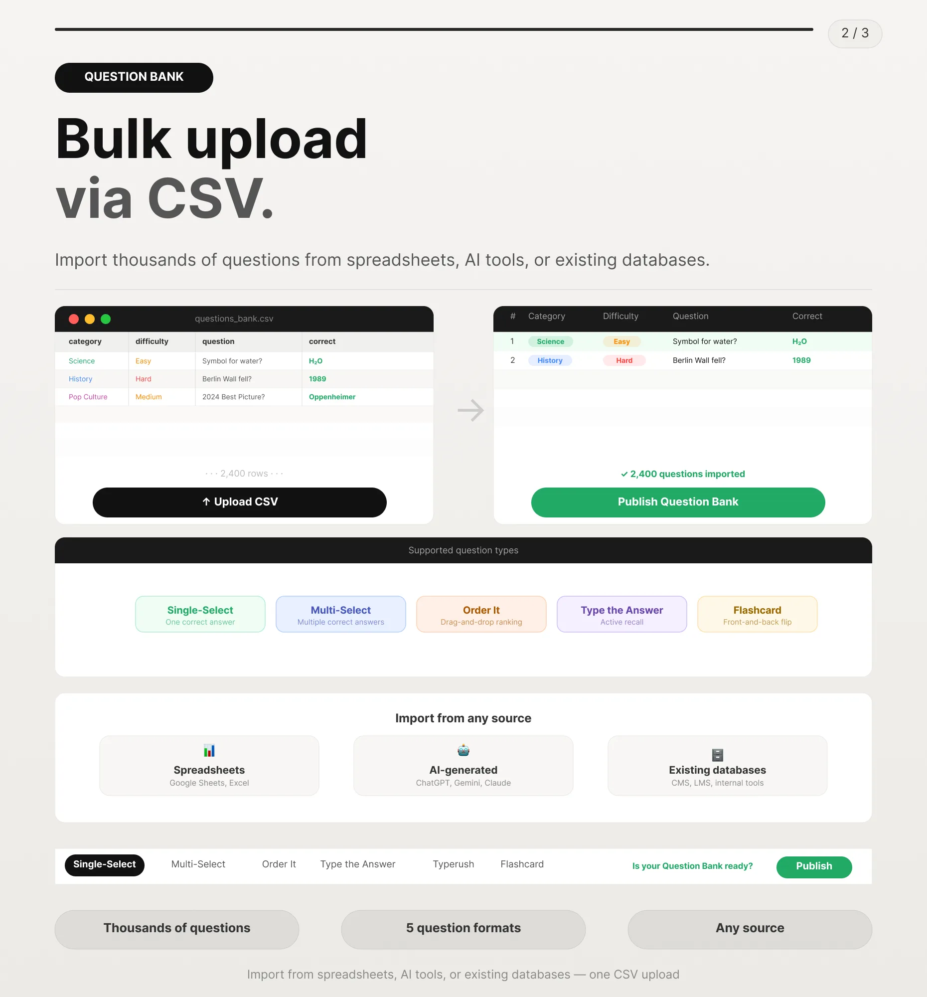Bulk CSV upload importing thousands of questions into a quiz question bank
