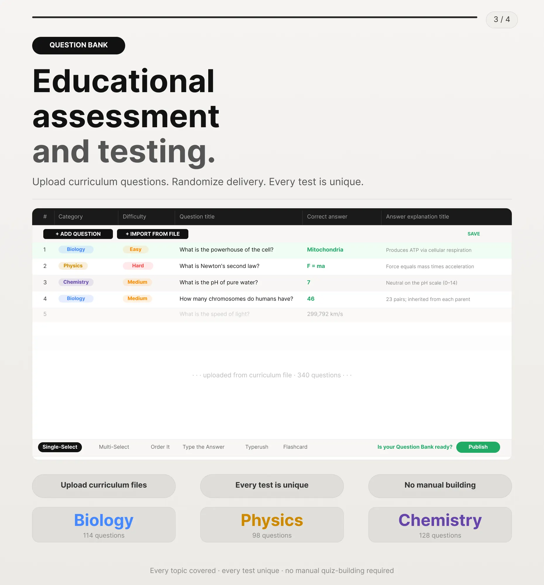 Quiz question bank randomizing exam questions for educational assessment