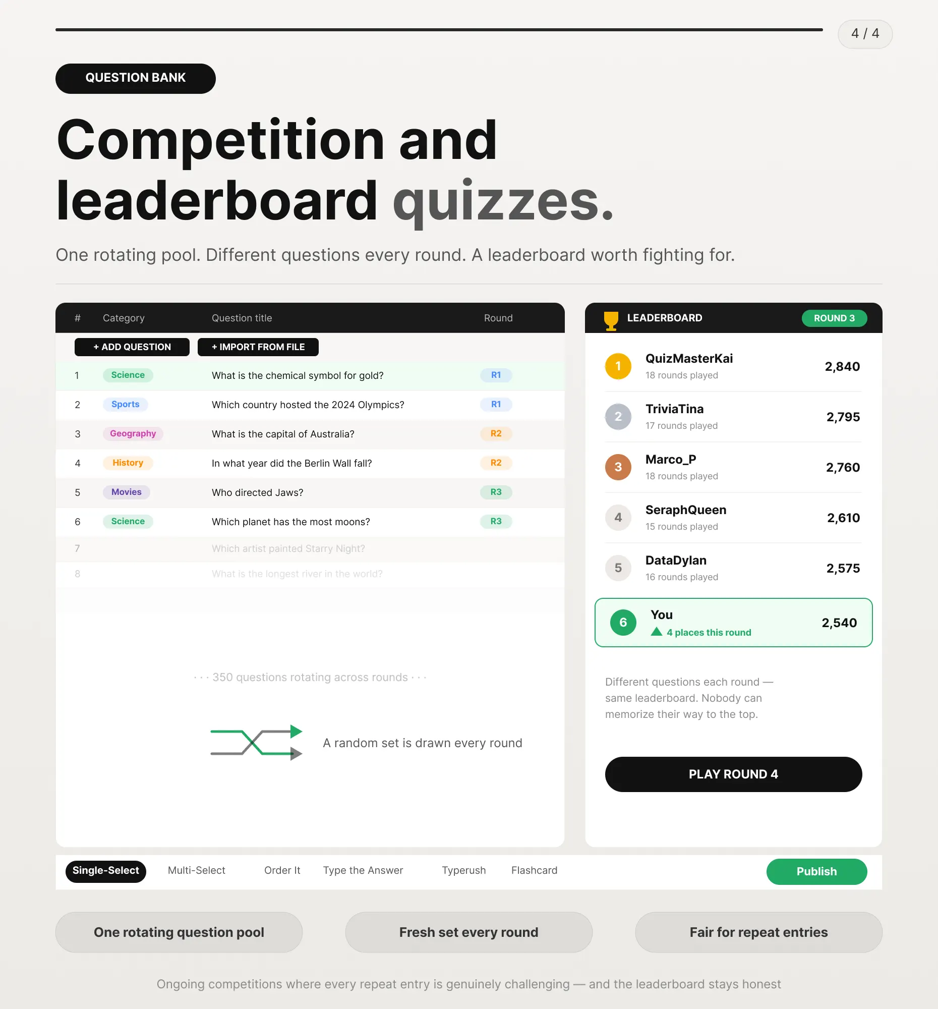 Leaderboard competition powered by a rotating quiz question bank
