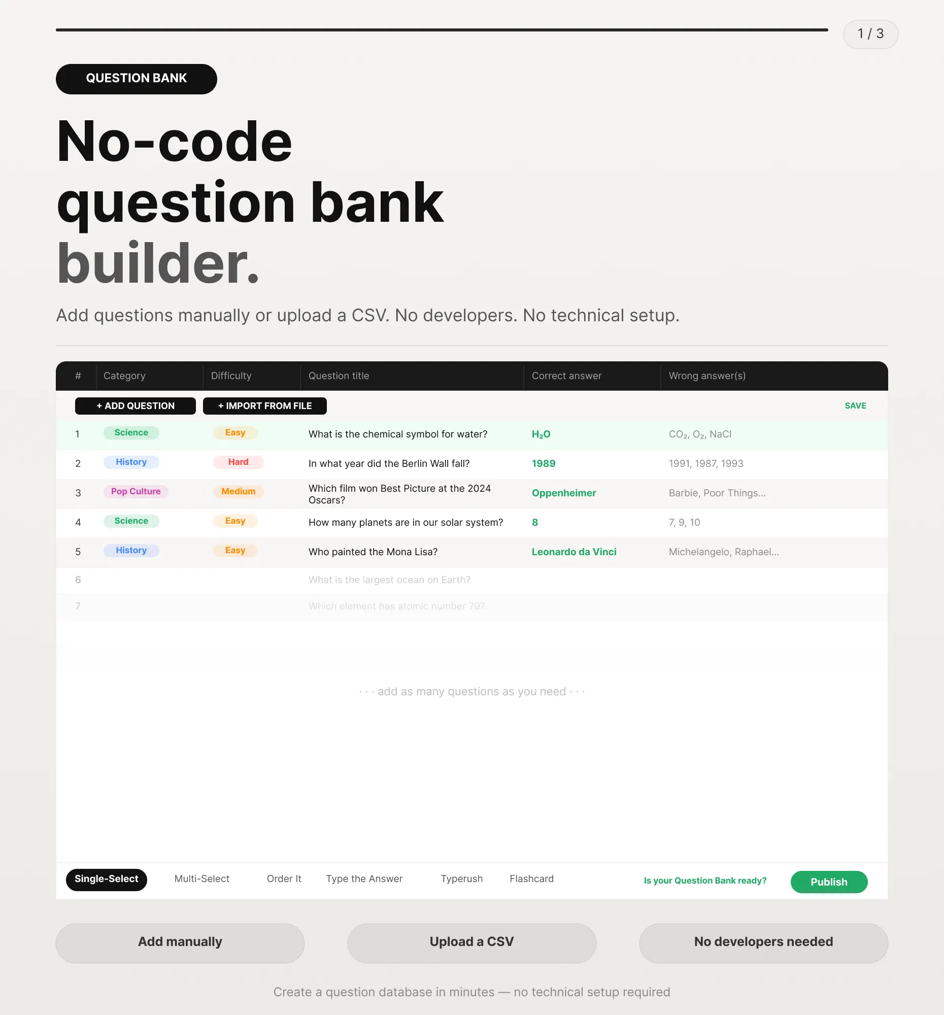 Riddle no-code builder for creating a quiz question bank