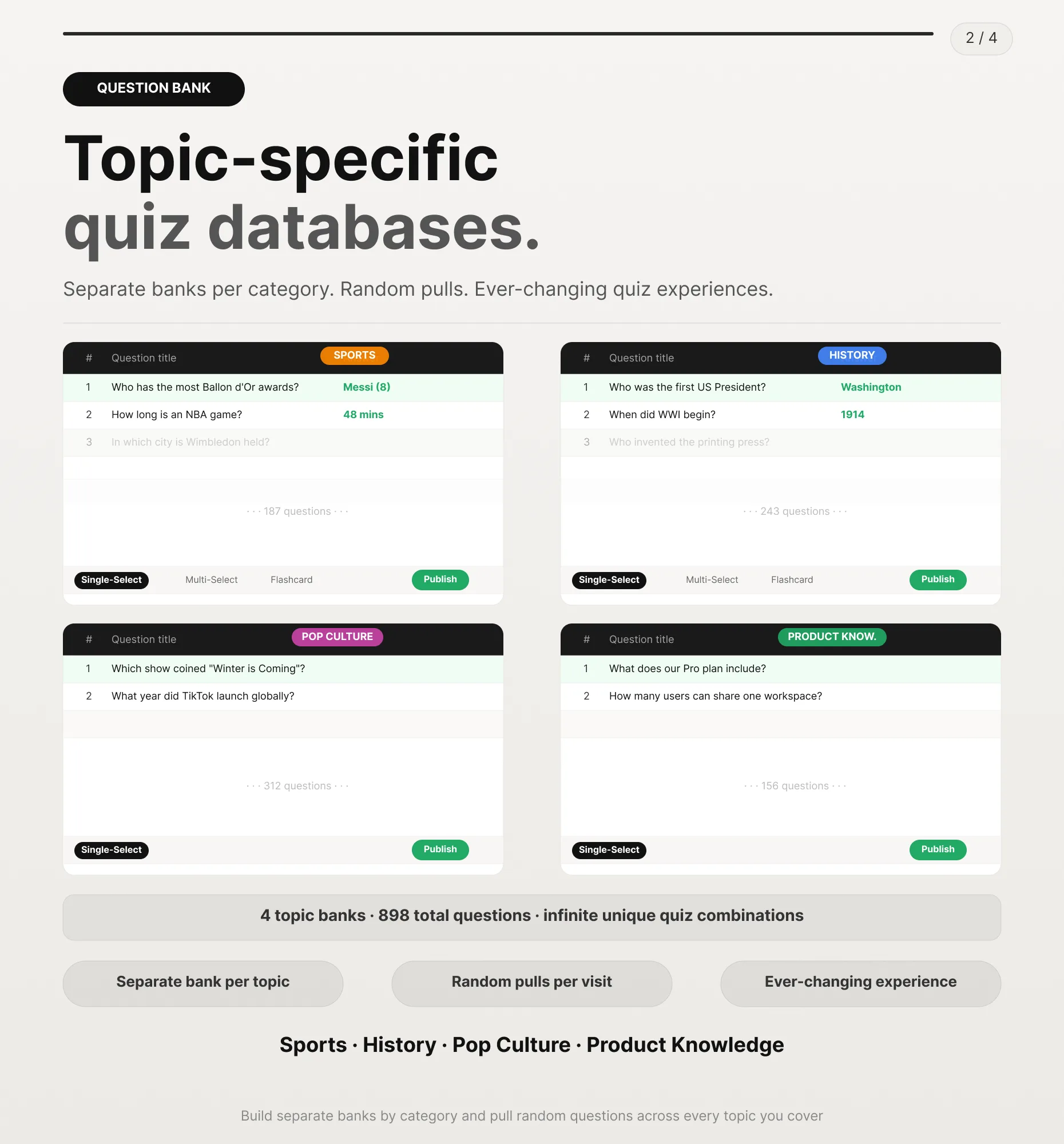 Topic-specific quiz question banks organized by category