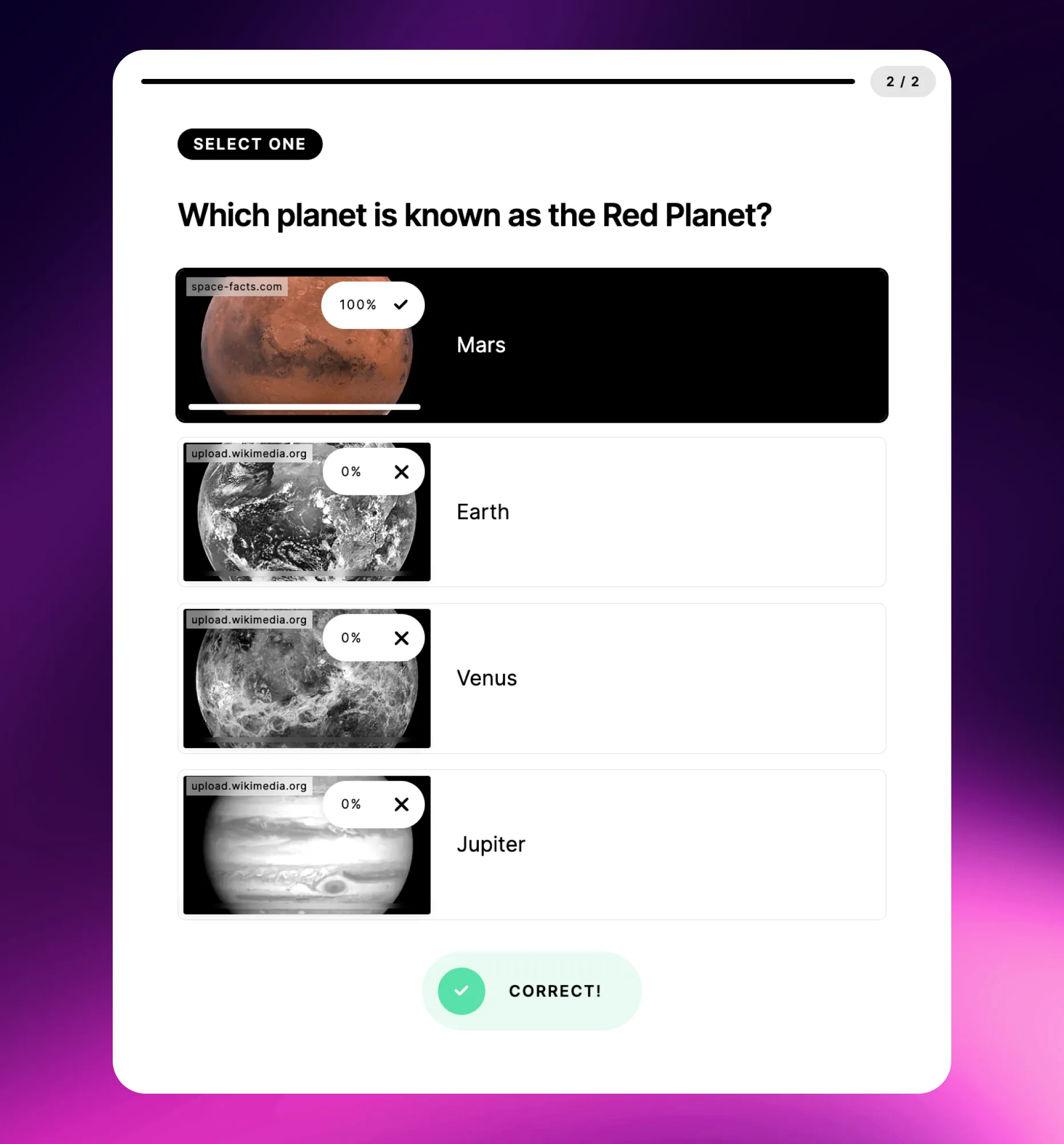 Single Select question type with one selectable answer in a Riddle quiz
