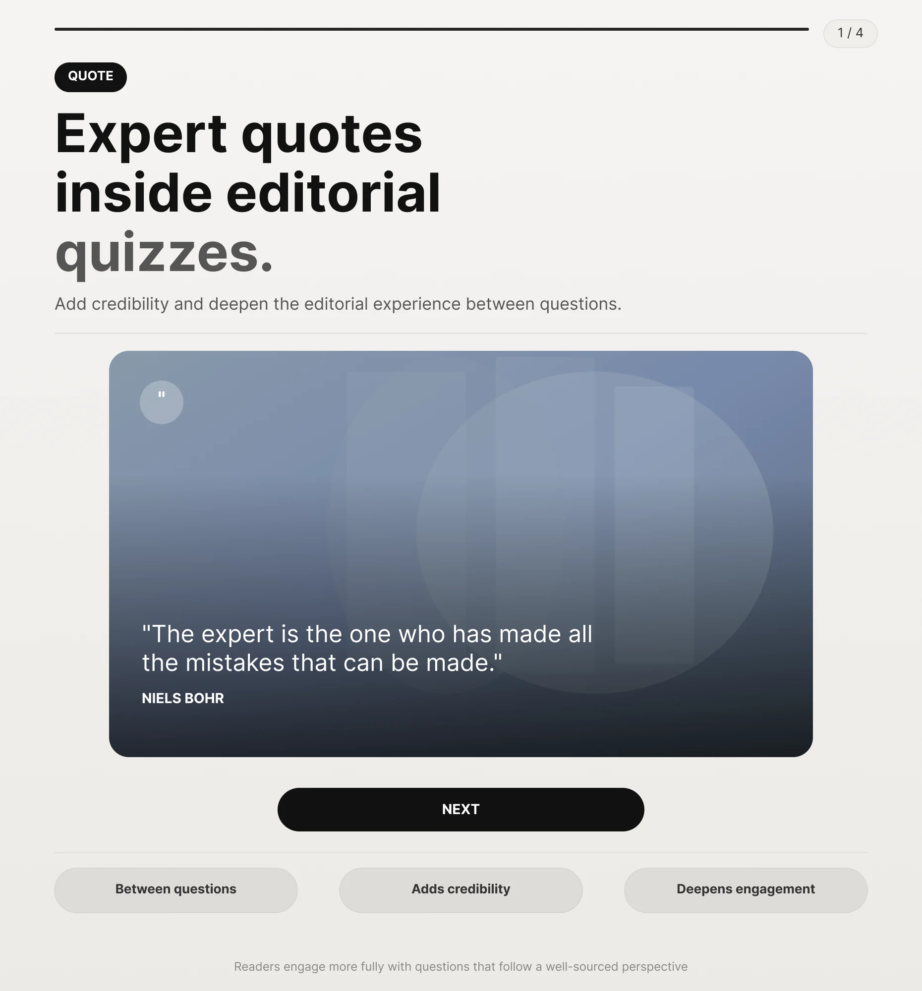 Quote Block showing an expert quote between questions inside an editorial Quiz