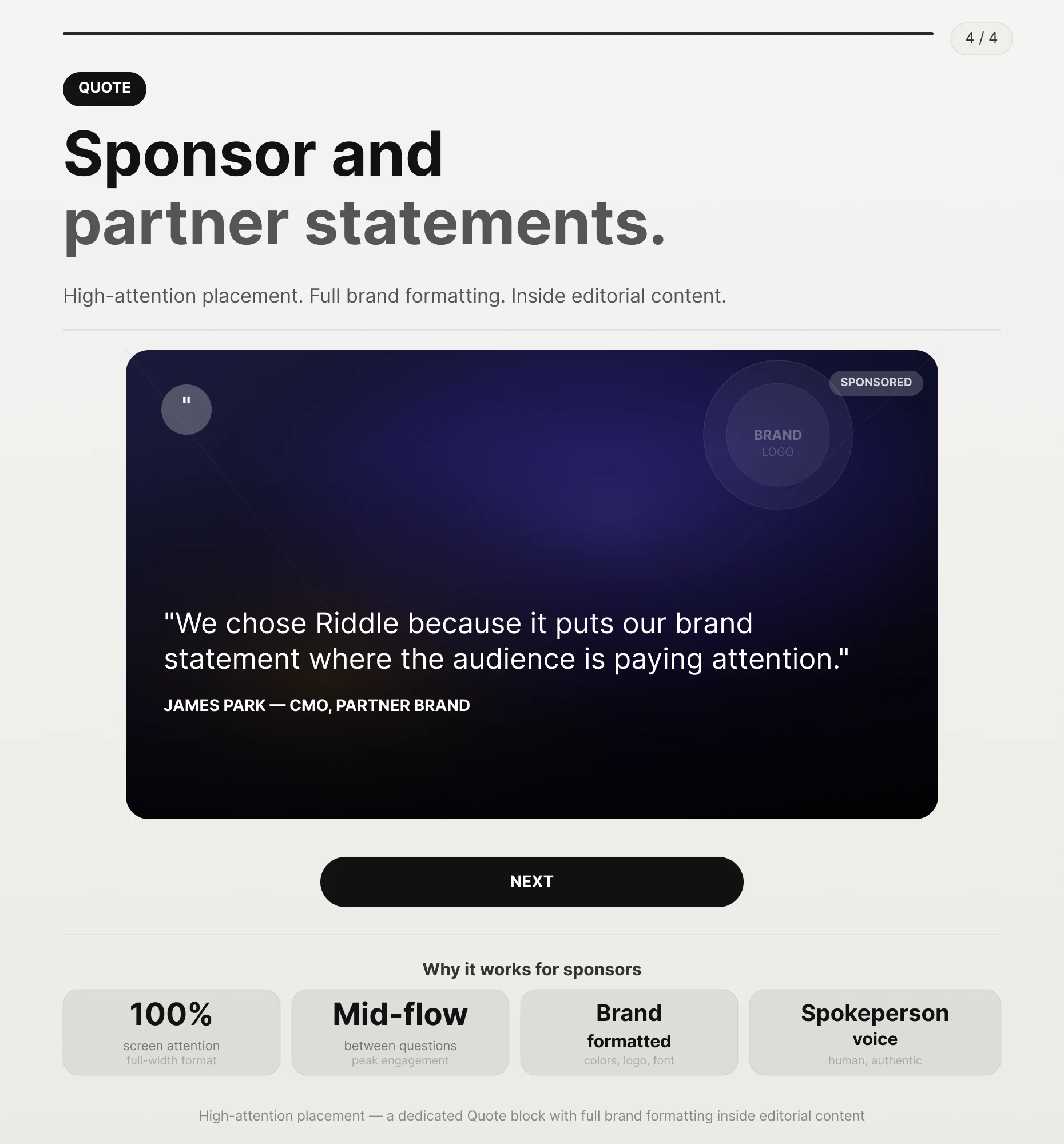 Quote Block featuring a sponsor brand statement with full brand formatting