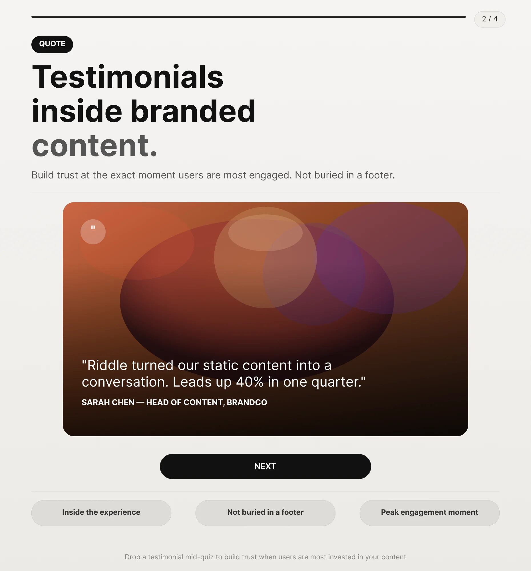 Quote Block displaying a customer testimonial inside branded interactive content