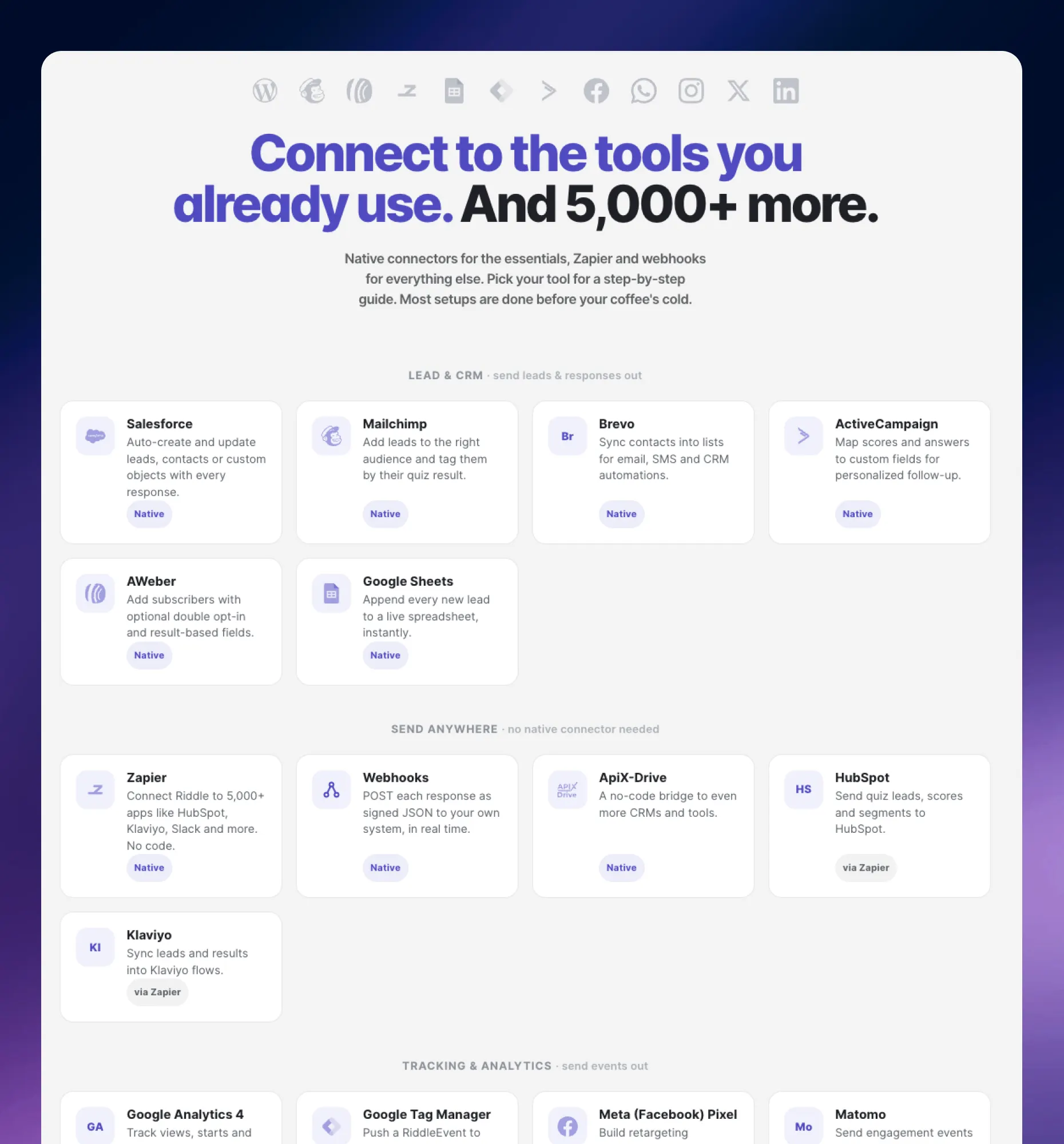 Riddle integrations with CRM, email, and analytics tools