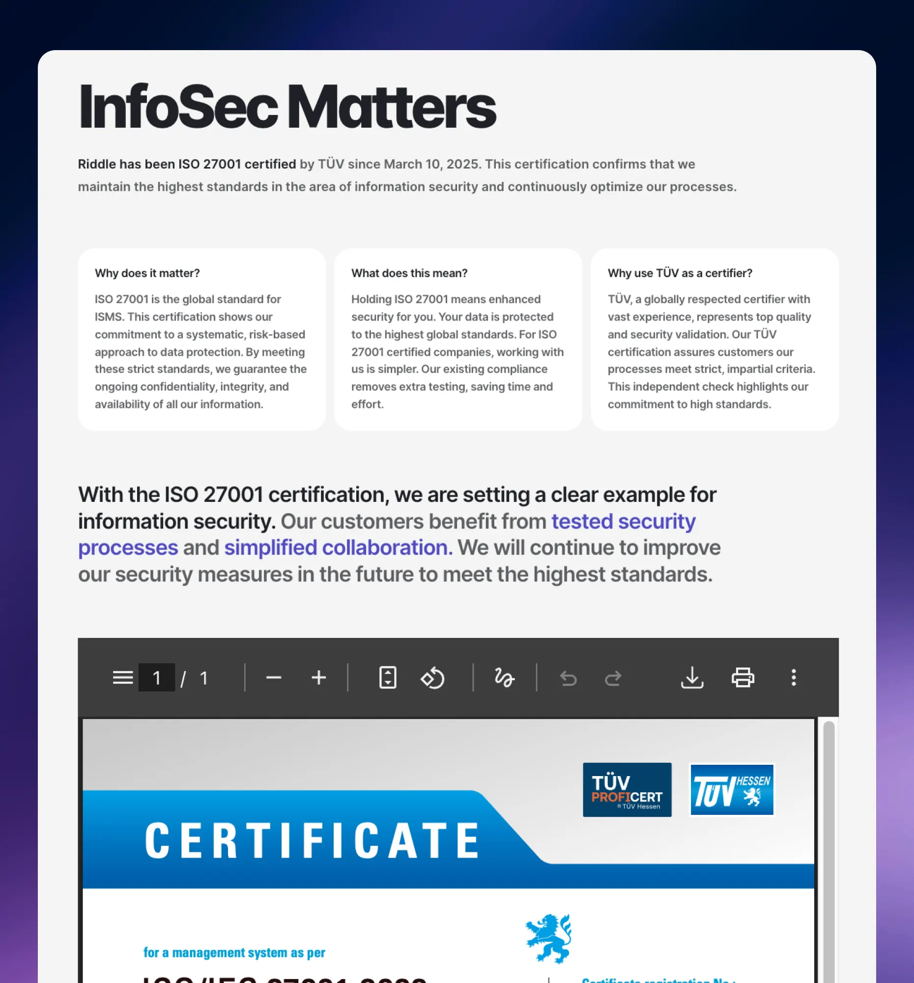 Riddle ISO 27001 certification by T&Uuml;V
