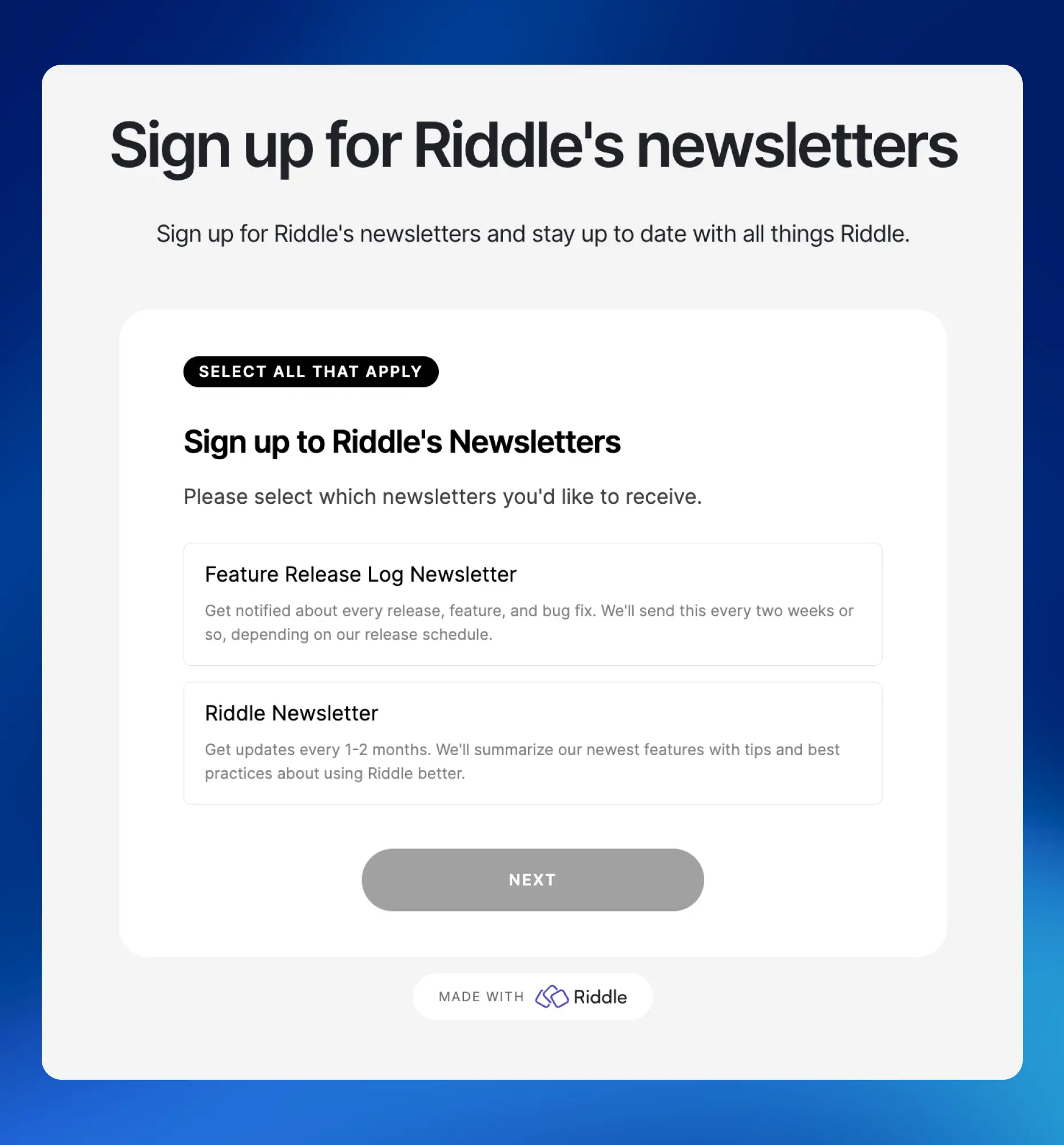 Riddle newsletter signup