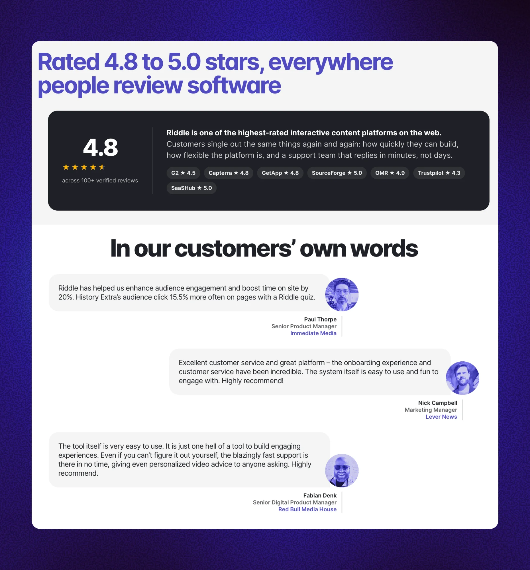 Riddle customer reviews across G2, Capterra, OMR, and Trustpilot