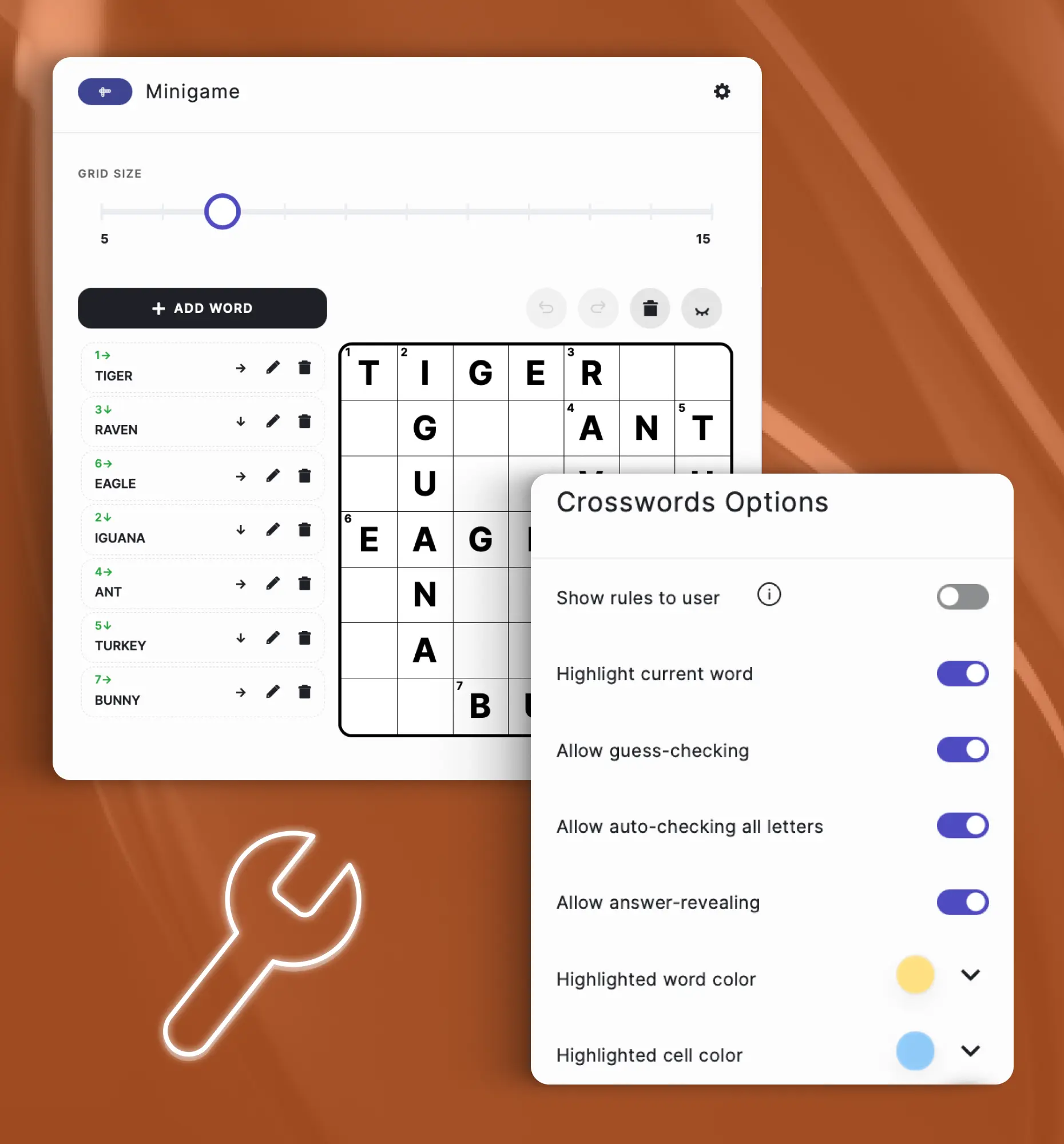 Crossword puzzle settings panel with options for clues, difficulty, and grid size