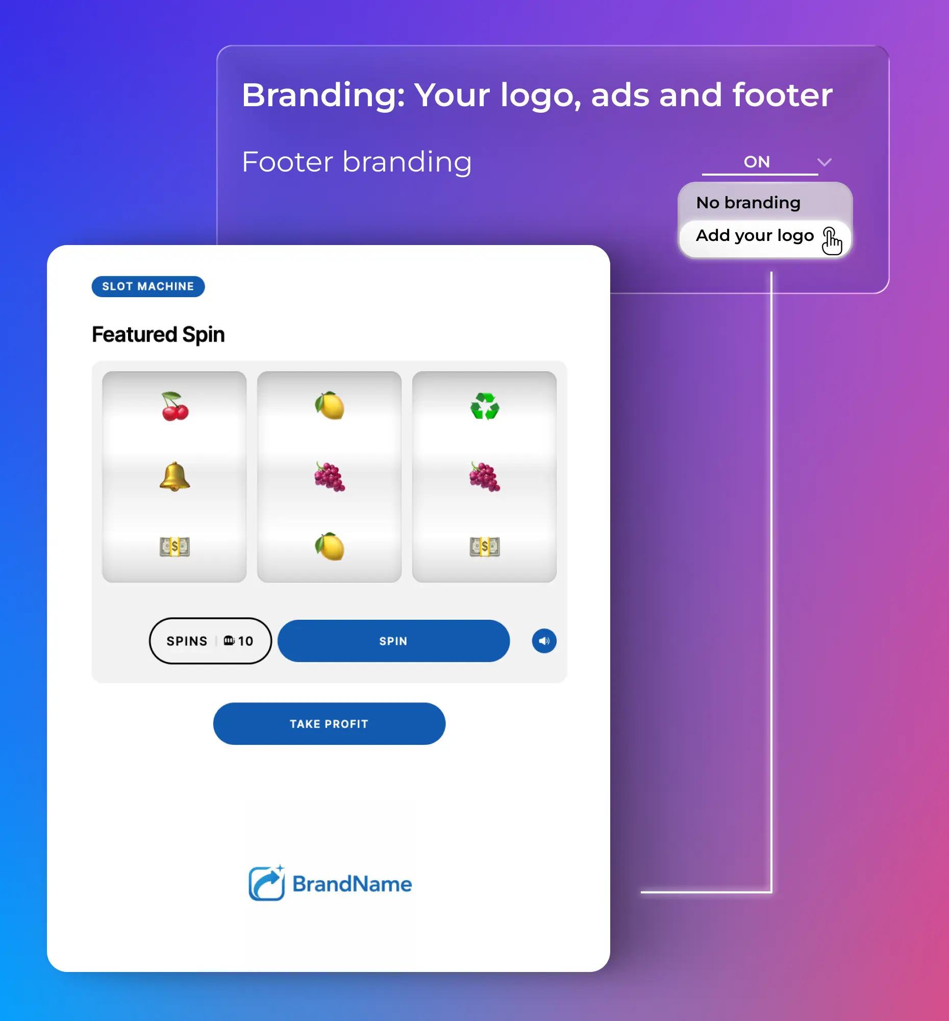 White-labeled Slot Machine game with custom branding, logo, and footer