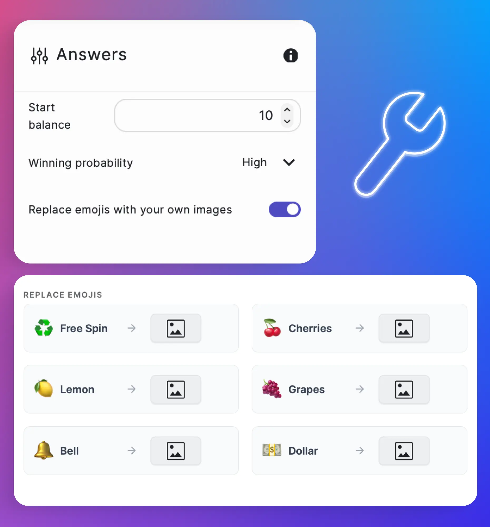 Slot Machine settings panel with options for symbols, images, and winning probability