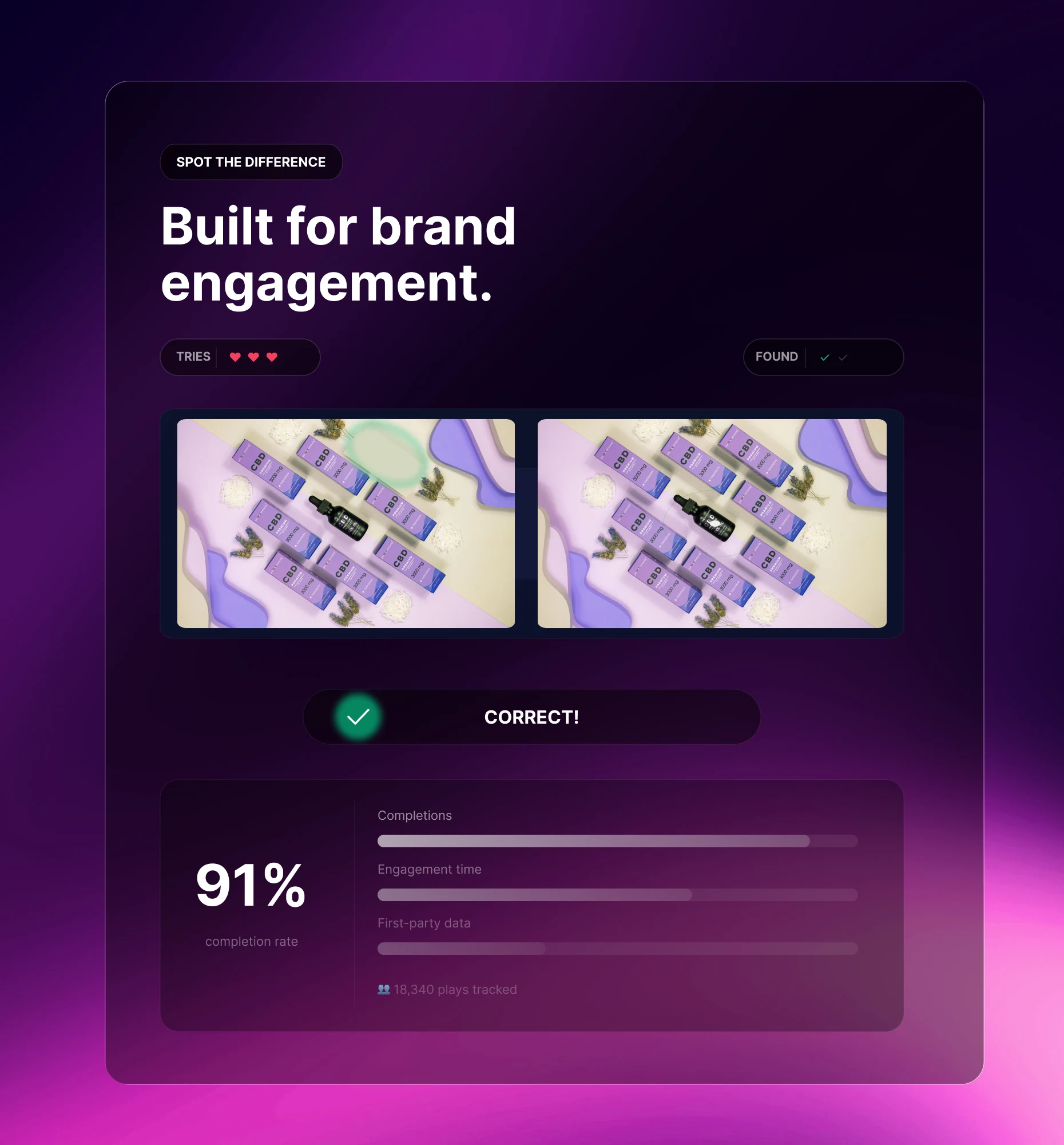 Branded Spot the Difference game tracking completions and engagement time