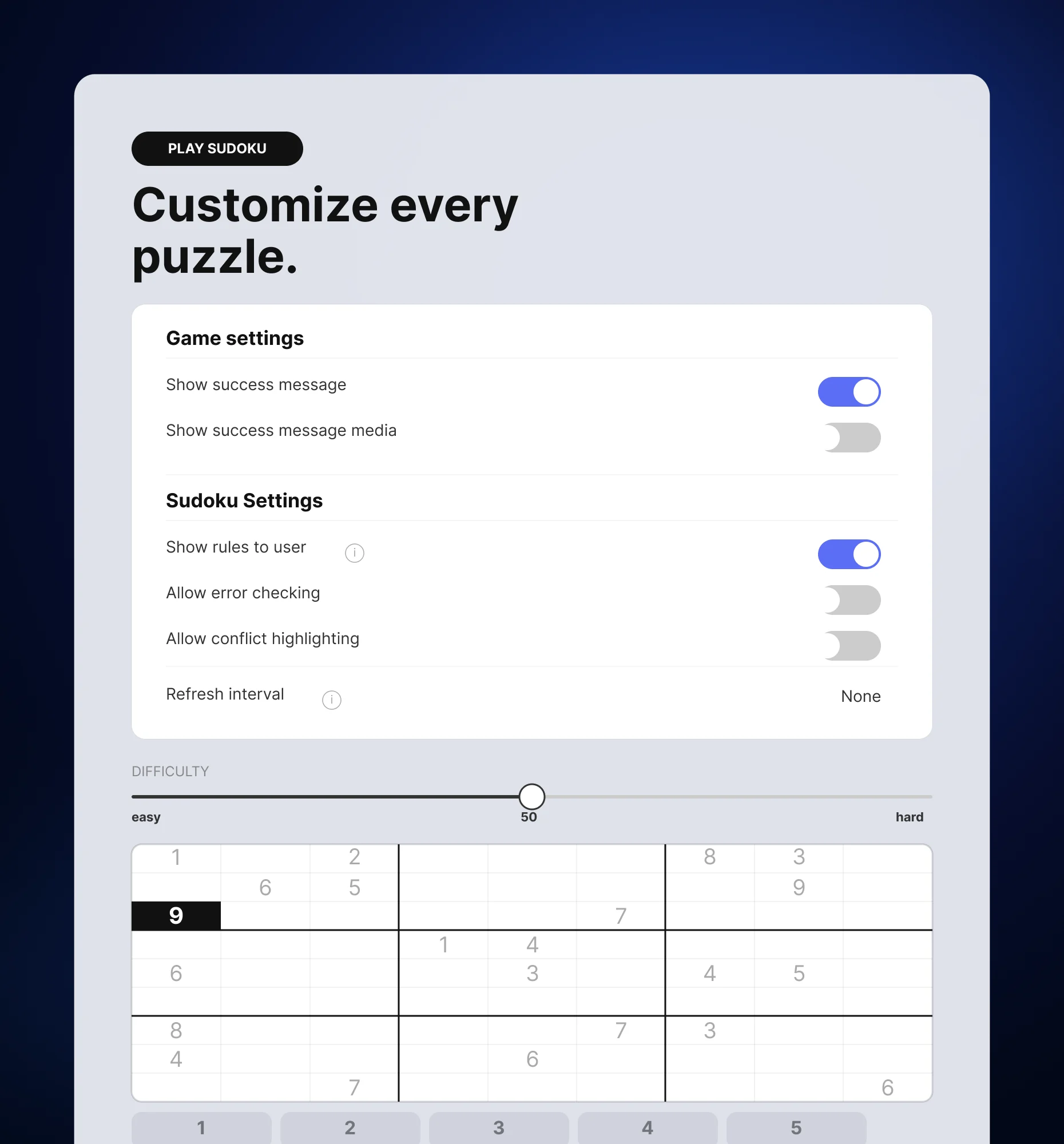 Sudoku Maker settings panel with options for difficulty, grid size, and hints