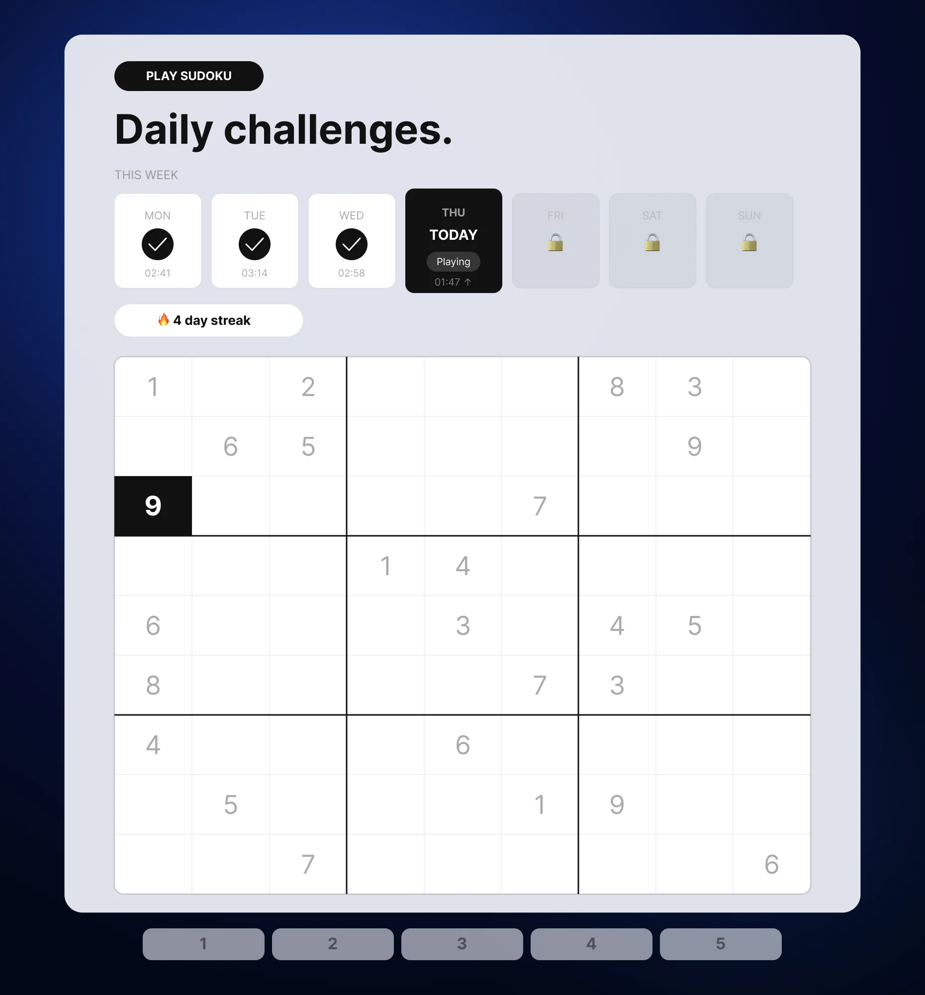 Daily Sudoku challenge with a leaderboard driving recurring return visits