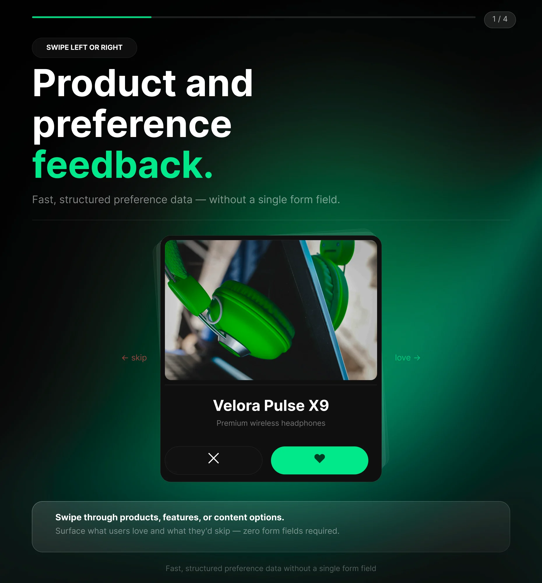 Swiper-Poll, bei dem User durch Produktoptionen swipen für Präferenz-Feedback