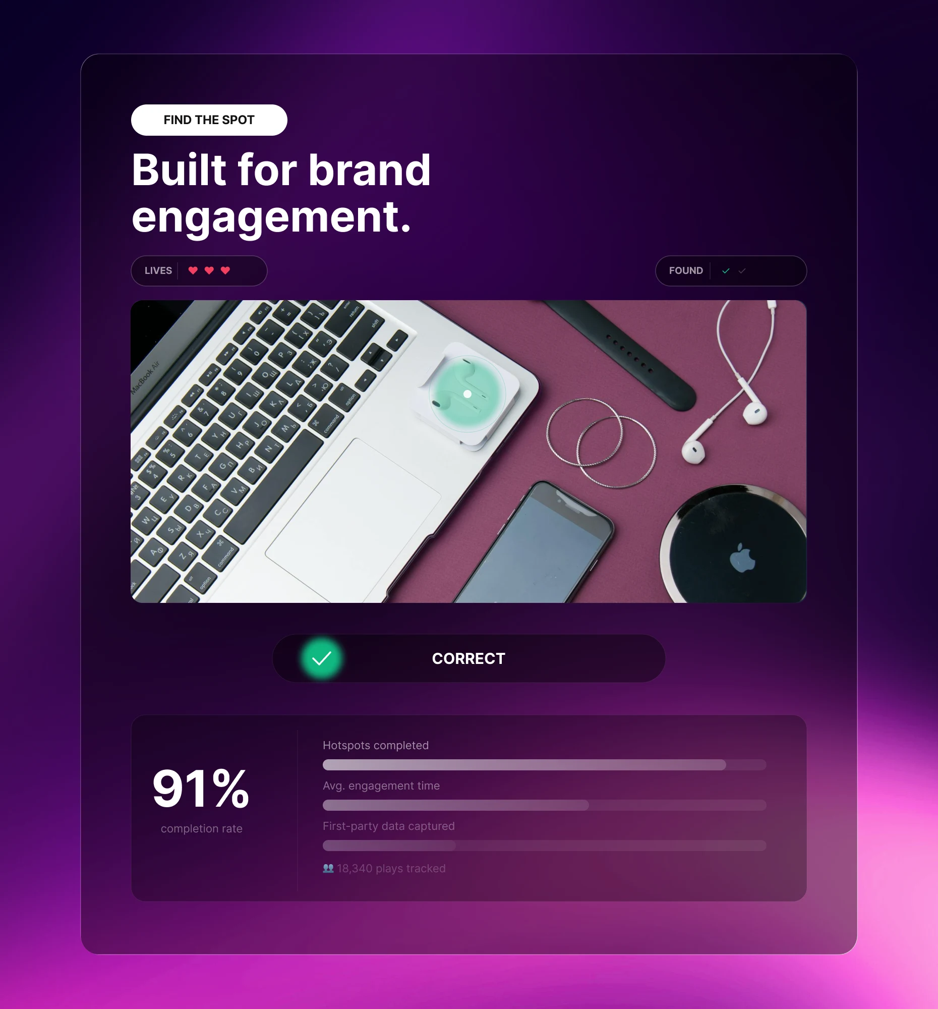 Tap and Find analytics tracking completions, engagement time, and first-party data