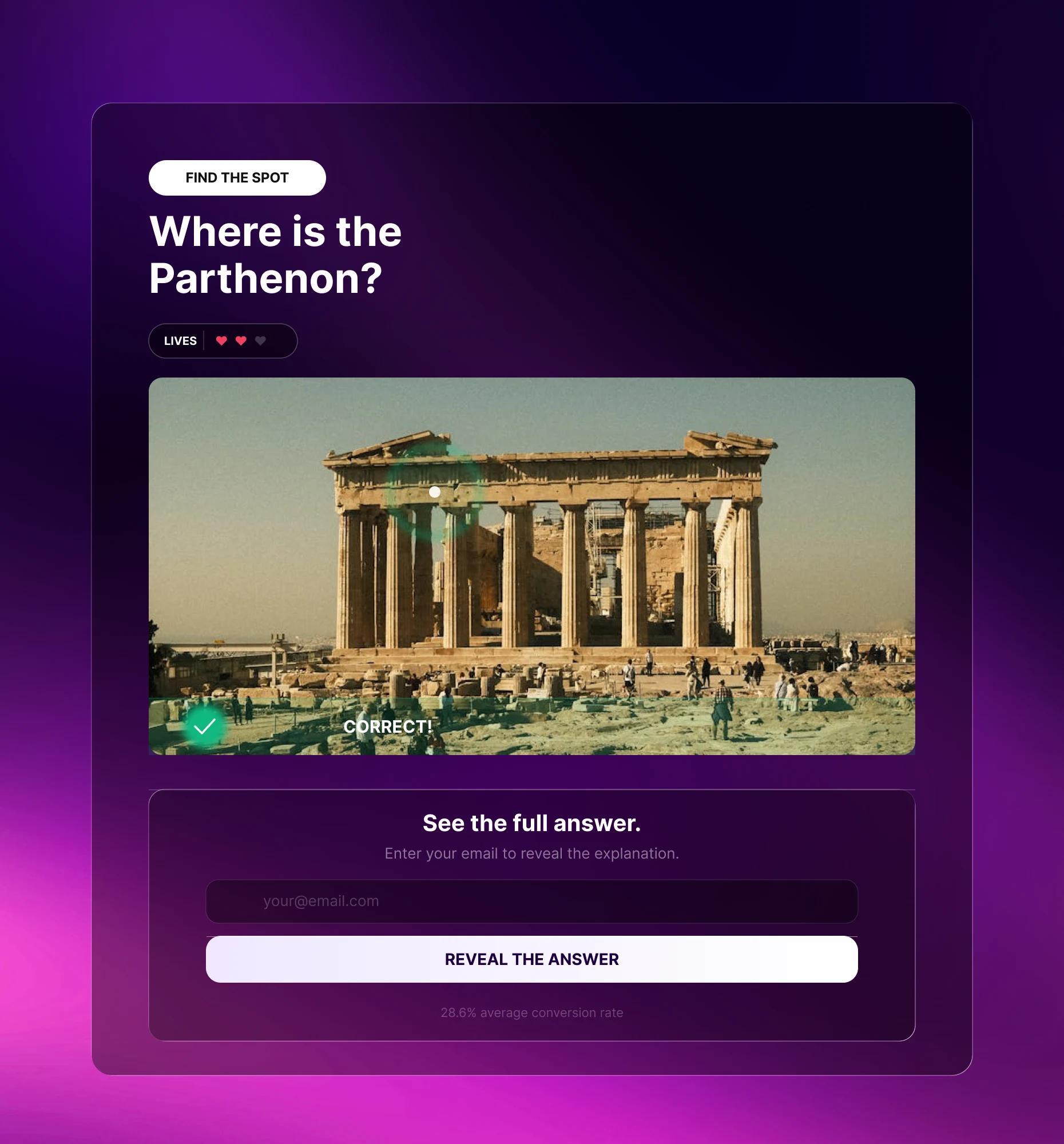 Tap and Find Quiz with a lead capture opt-in form gating the results
