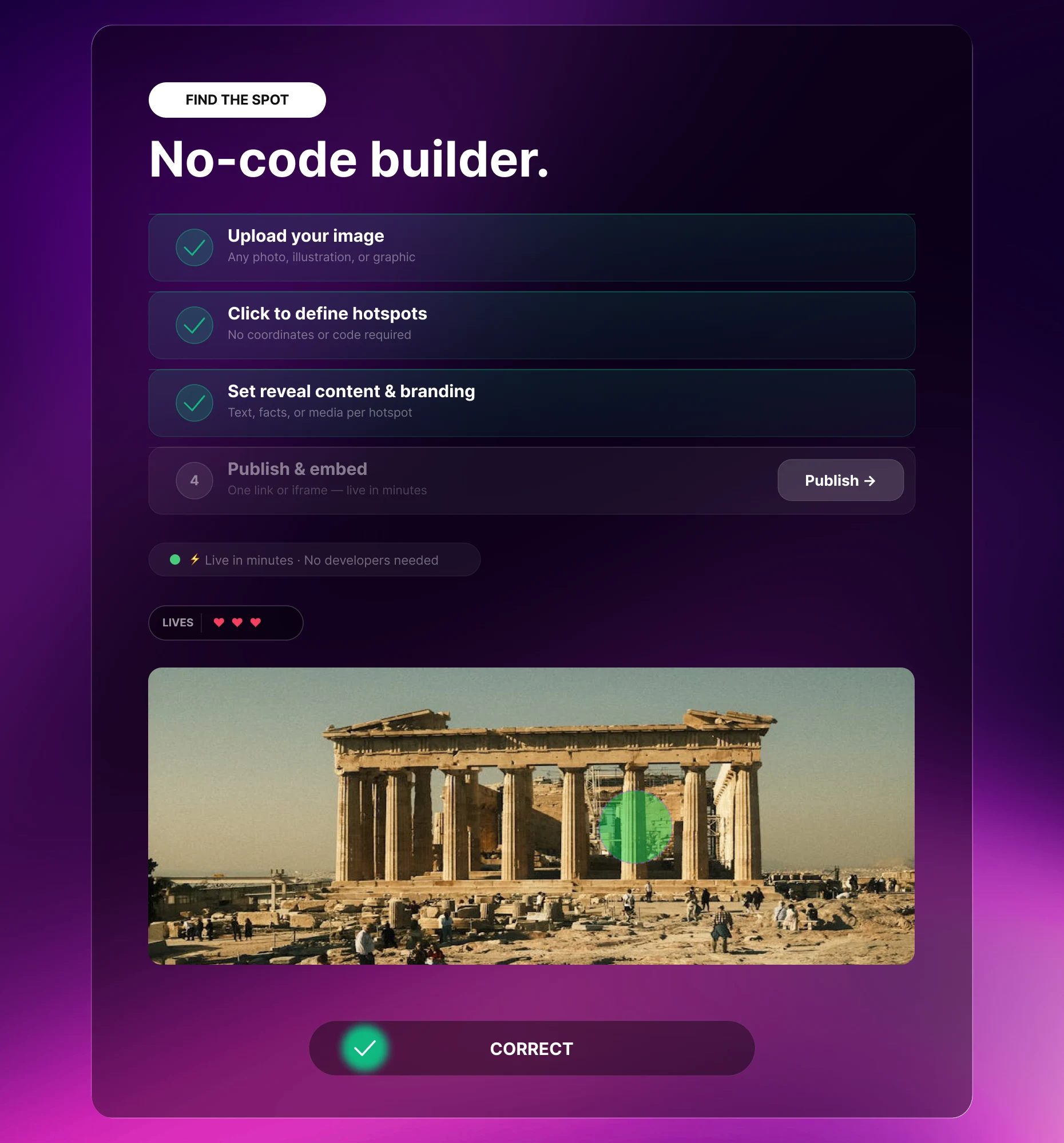 Riddle no-code builder for placing Tap and Find hotspots on an image