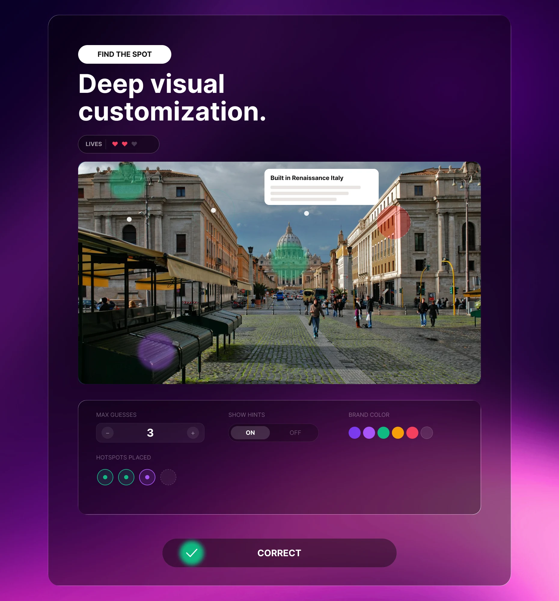 Tap and Find settings for tappable zones, hints, and number of guesses