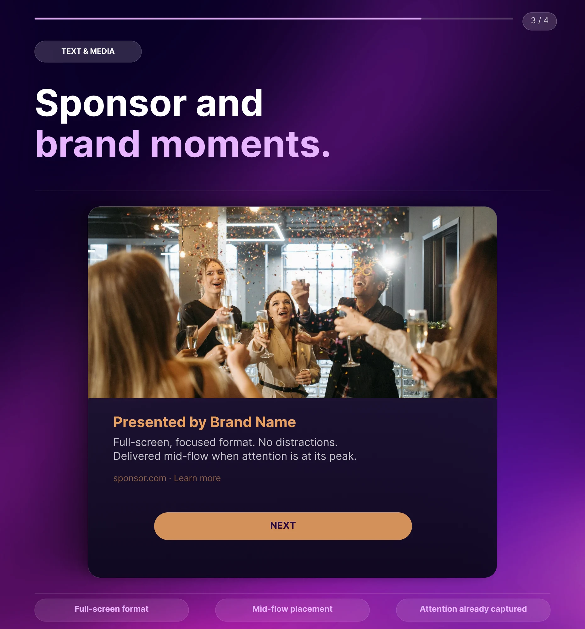 Branded Text and Media Block delivering a full-screen sponsor message between questions