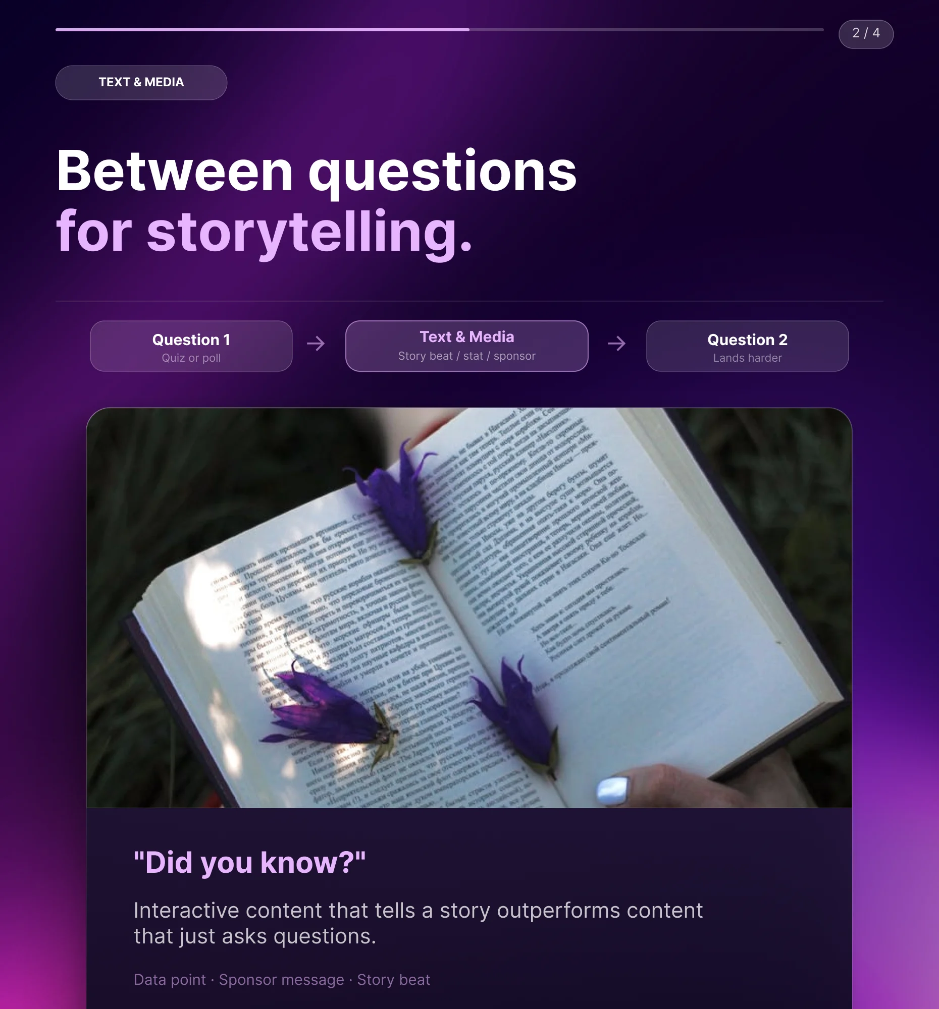 Text and Media Block placed between Quiz questions to add a stat or story beat