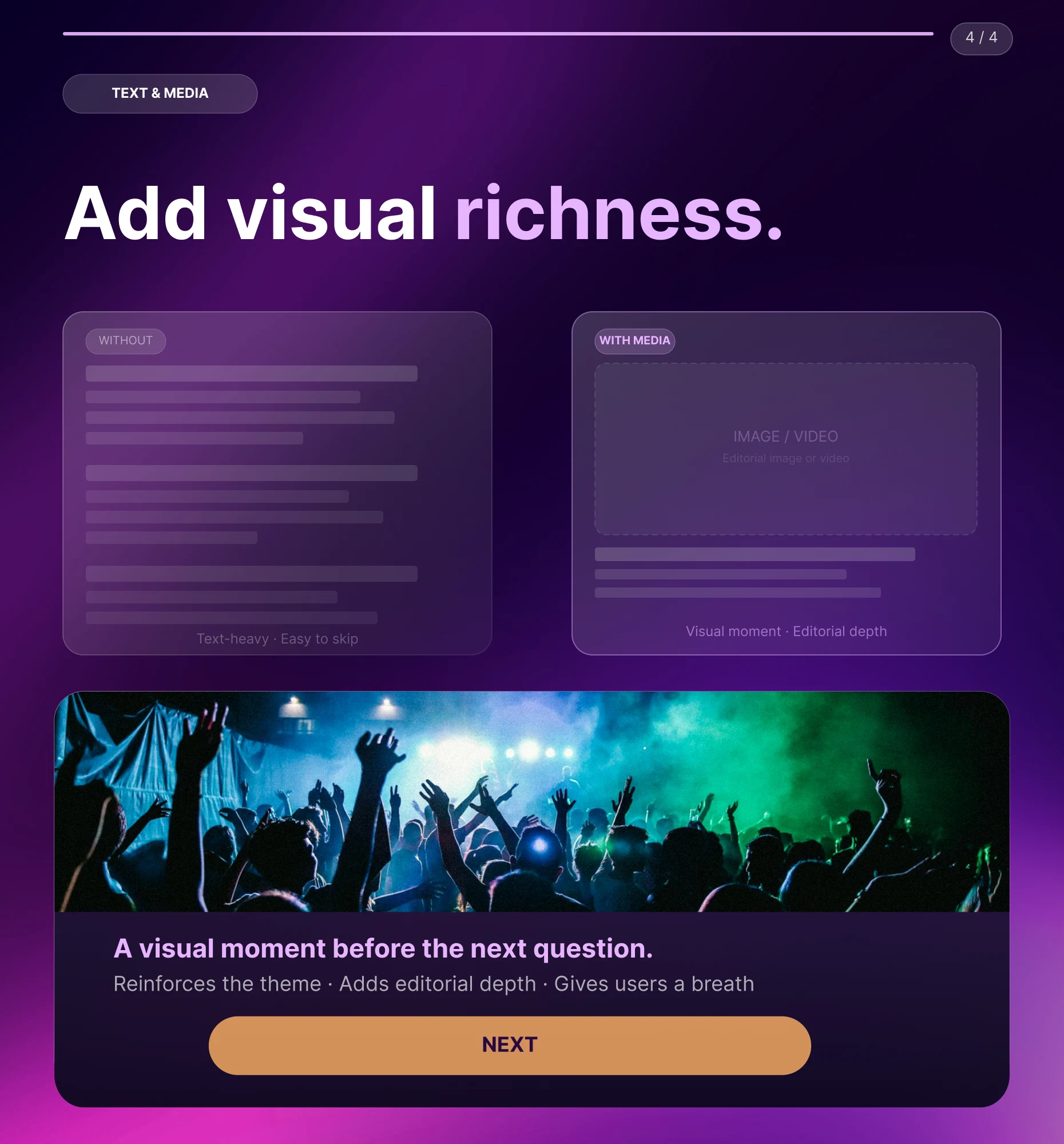 Text and Media Block adding an image or video to break up a text-heavy Quiz sequence