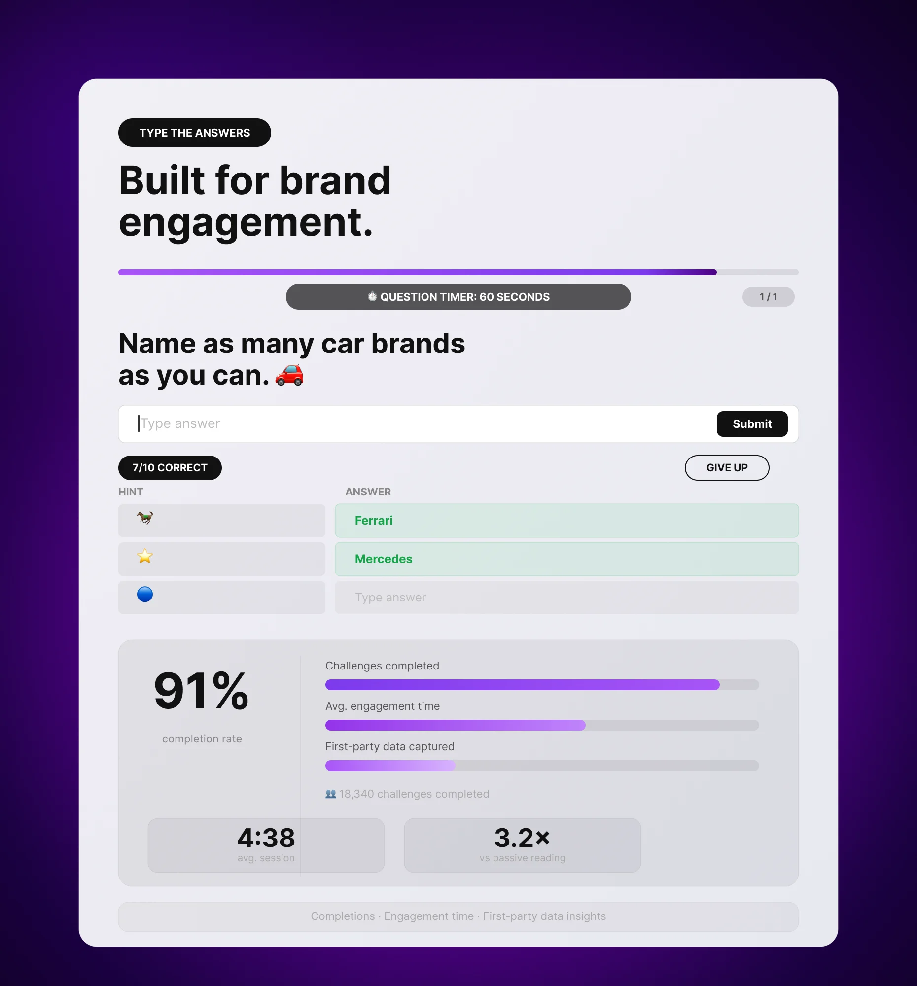 Branded Typerush tracking completions, engagement time, and first-party data