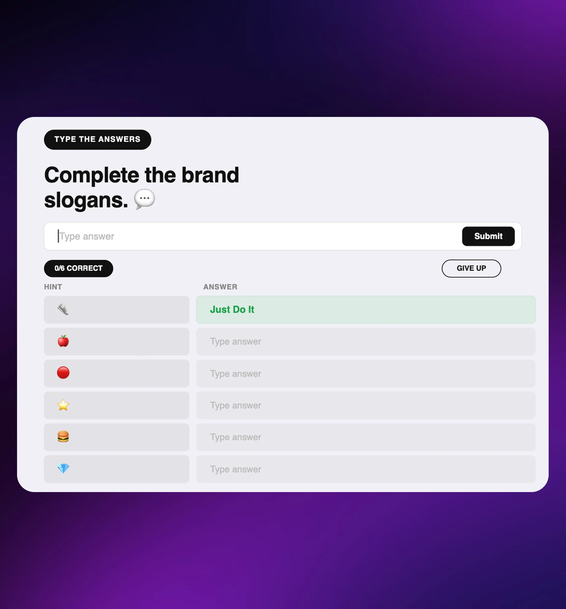 Typerush challenge where users type brand slogans and campaign phrases