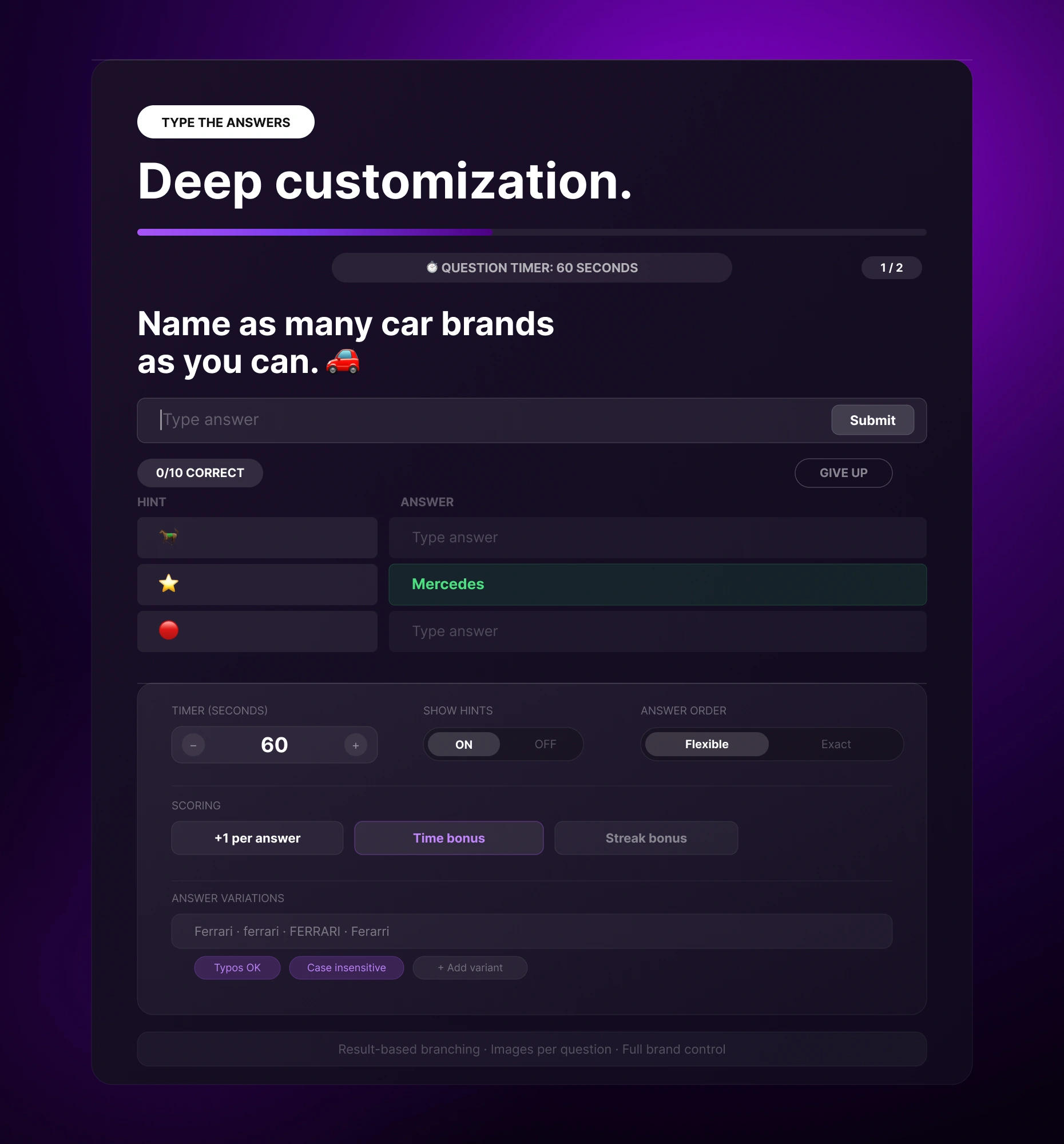 Typerush customization for hints, answer variations, scoring, and branching