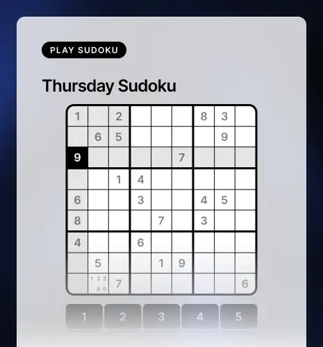 Sudoku-Minigame mit 9x9-Zahlenraster, Eingabetasten und Play-Button für tägliche Challenges