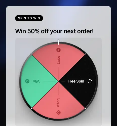 Spin-to-Win-Glücksrad mit Gewinn-, Verlust- und Freidreh-Segmenten und 50%-Rabatt-Aktion