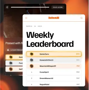 One leaderboard displays the highest scores on an individual tennis quiz. Another leaderboard displaysthe weekly leaders for a set of quizzes.